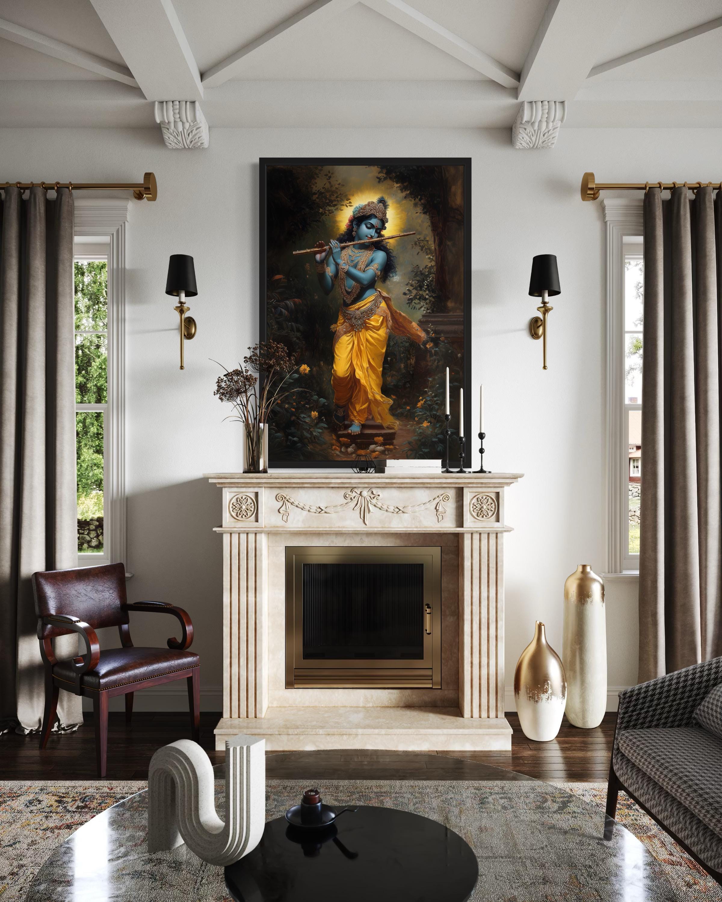 Lord Krishna Playing Flute In Vrindavan Forest Framed Canvas Wall Art