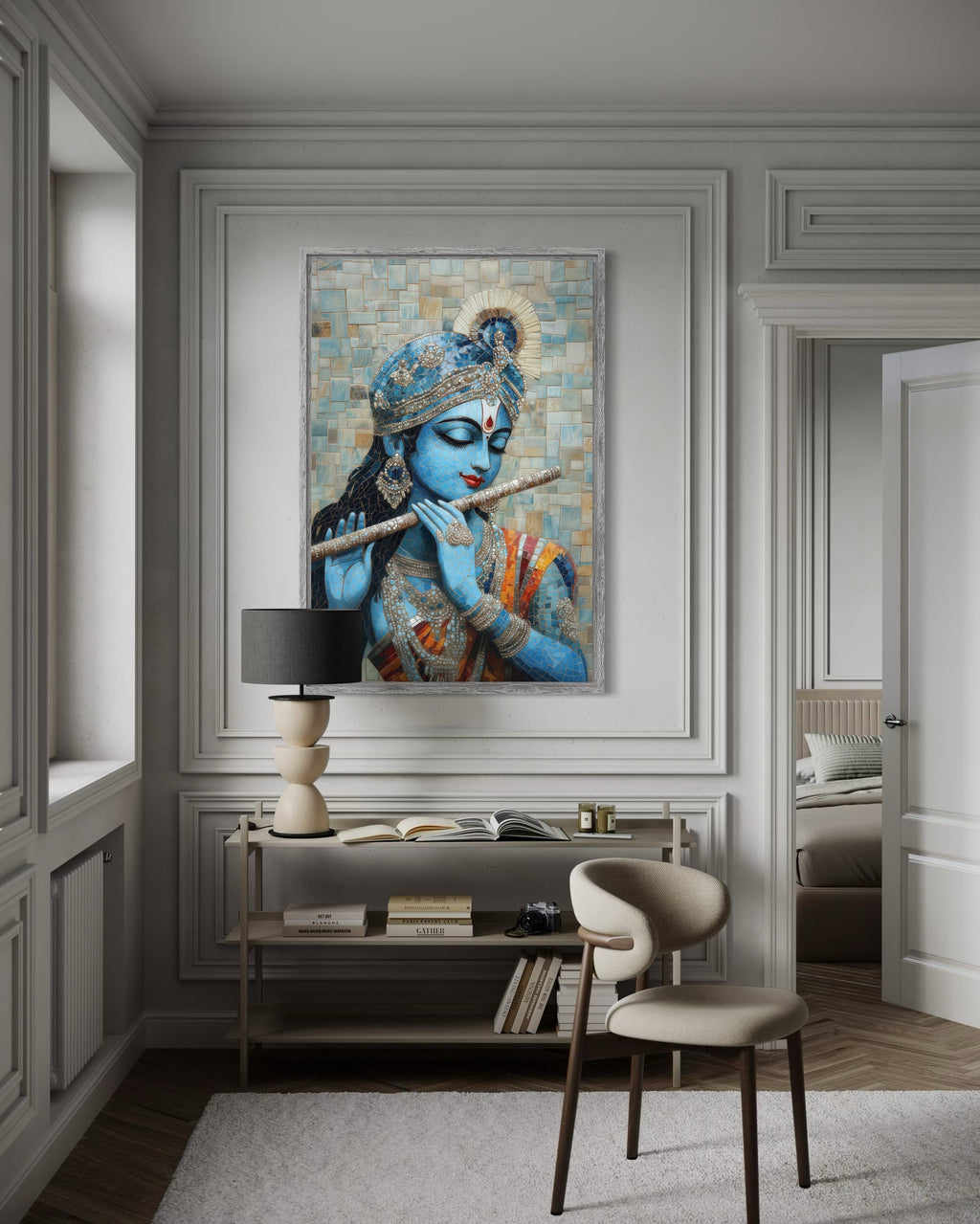 Lord Krishna Playing Flute Mosaic Painting Canvas Wall Art
