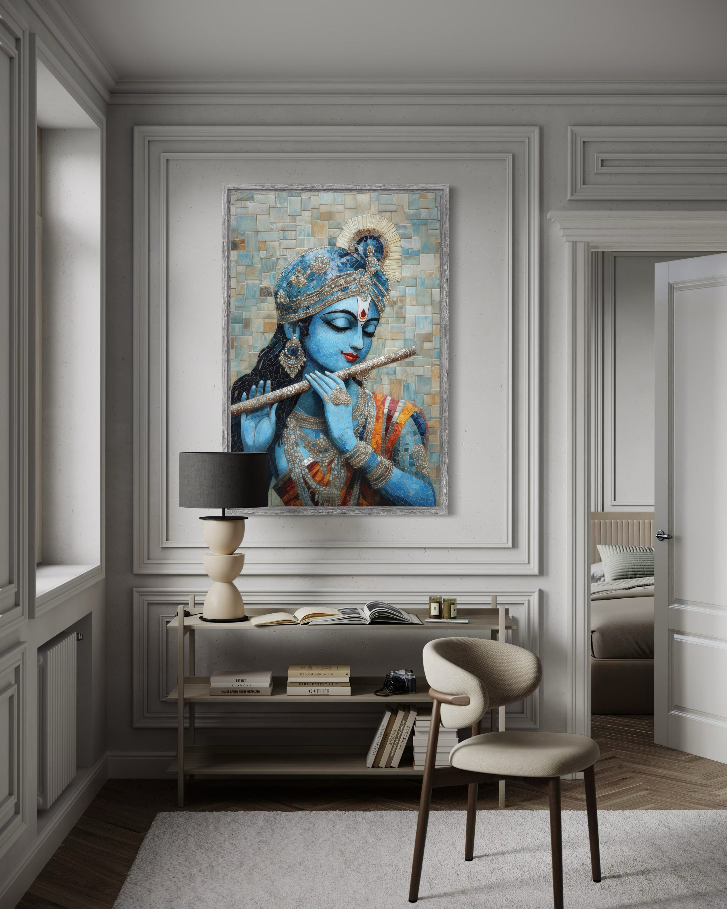 Lord Krishna Playing Flute Mosaic Painting Canvas Wall Art