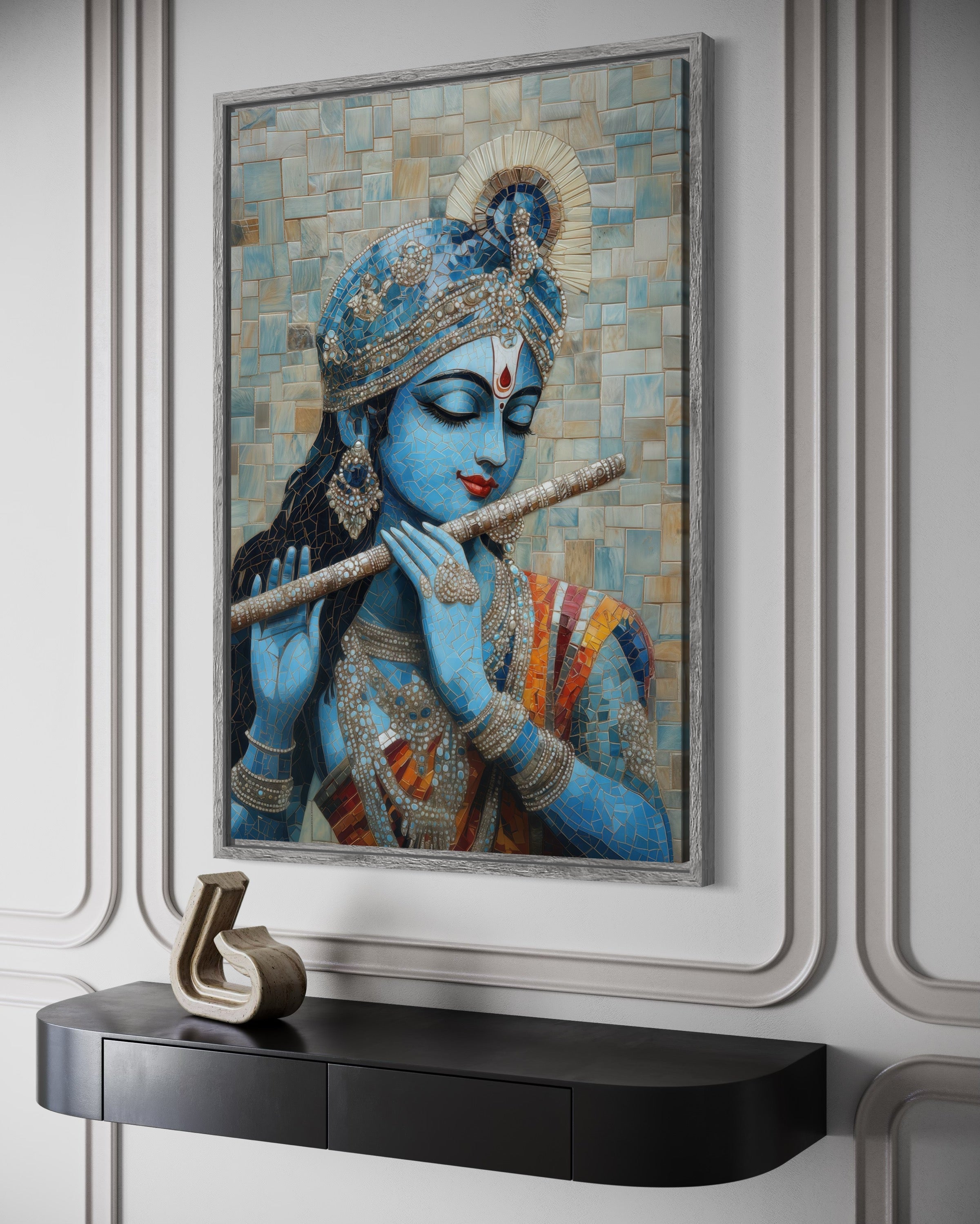 Lord Krishna Playing Flute Mosaic Painting Canvas Wall Art