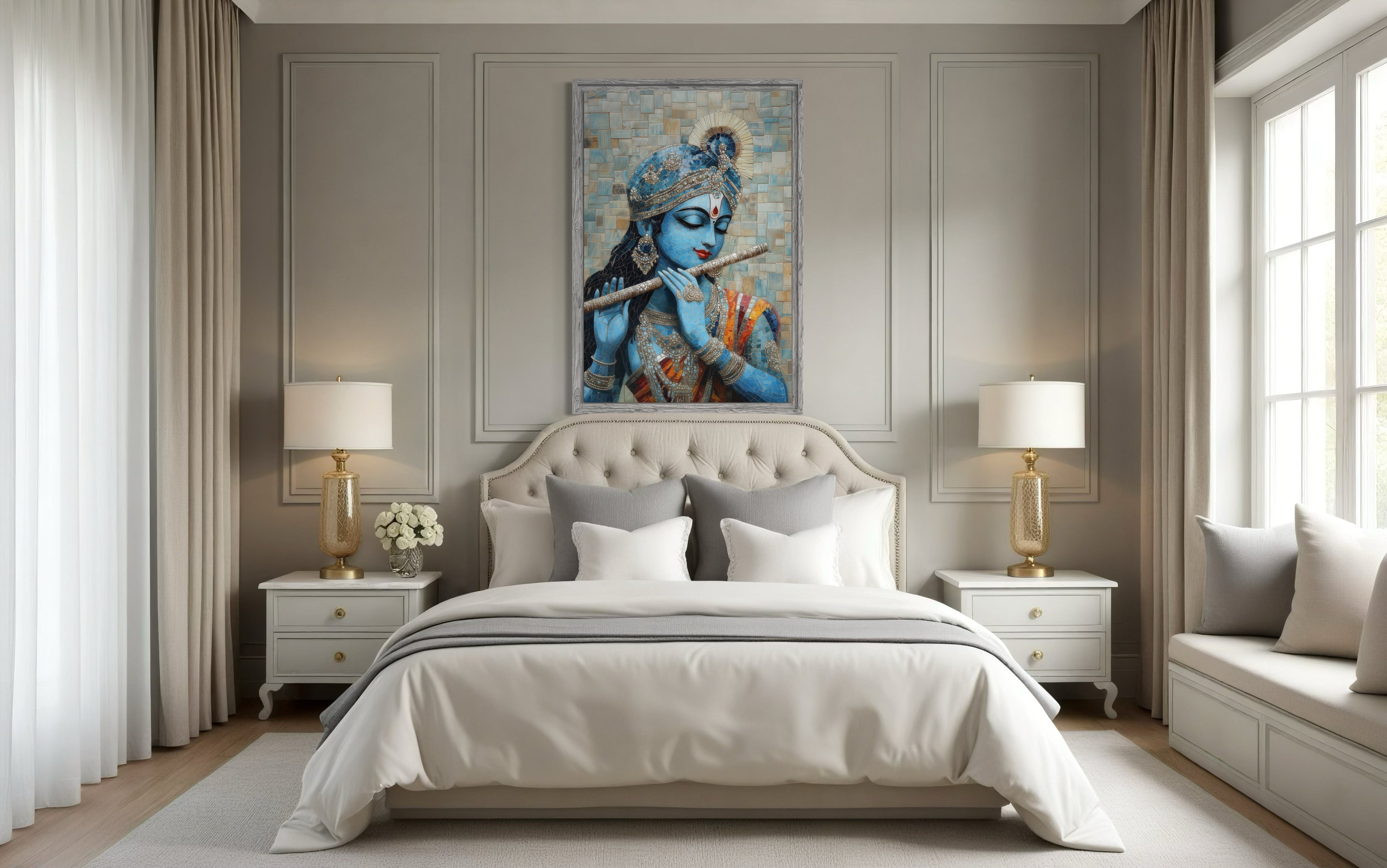Lord Krishna Playing Flute Mosaic Painting Canvas Wall Art