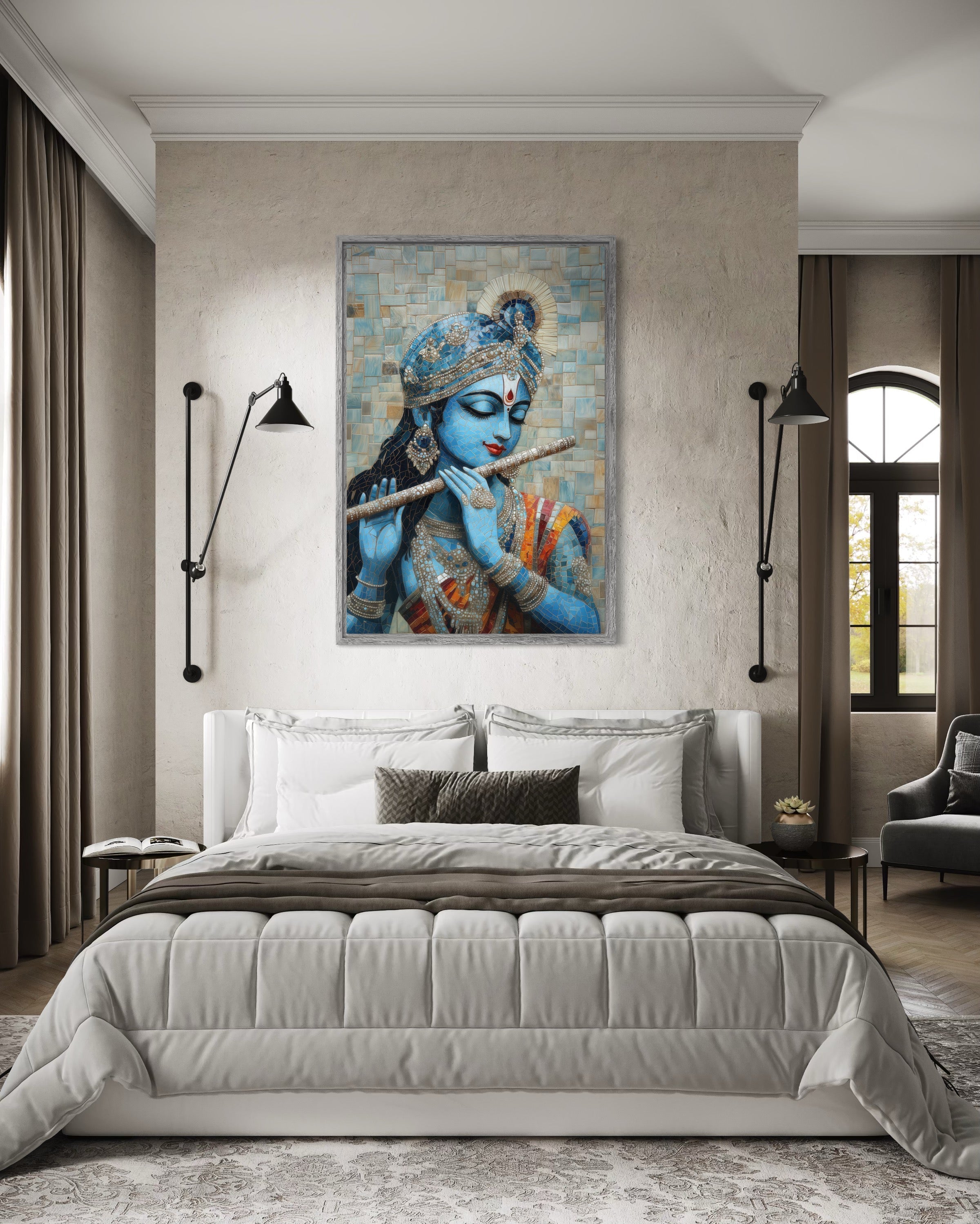 Lord Krishna Playing Flute Mosaic Painting Canvas Wall Art