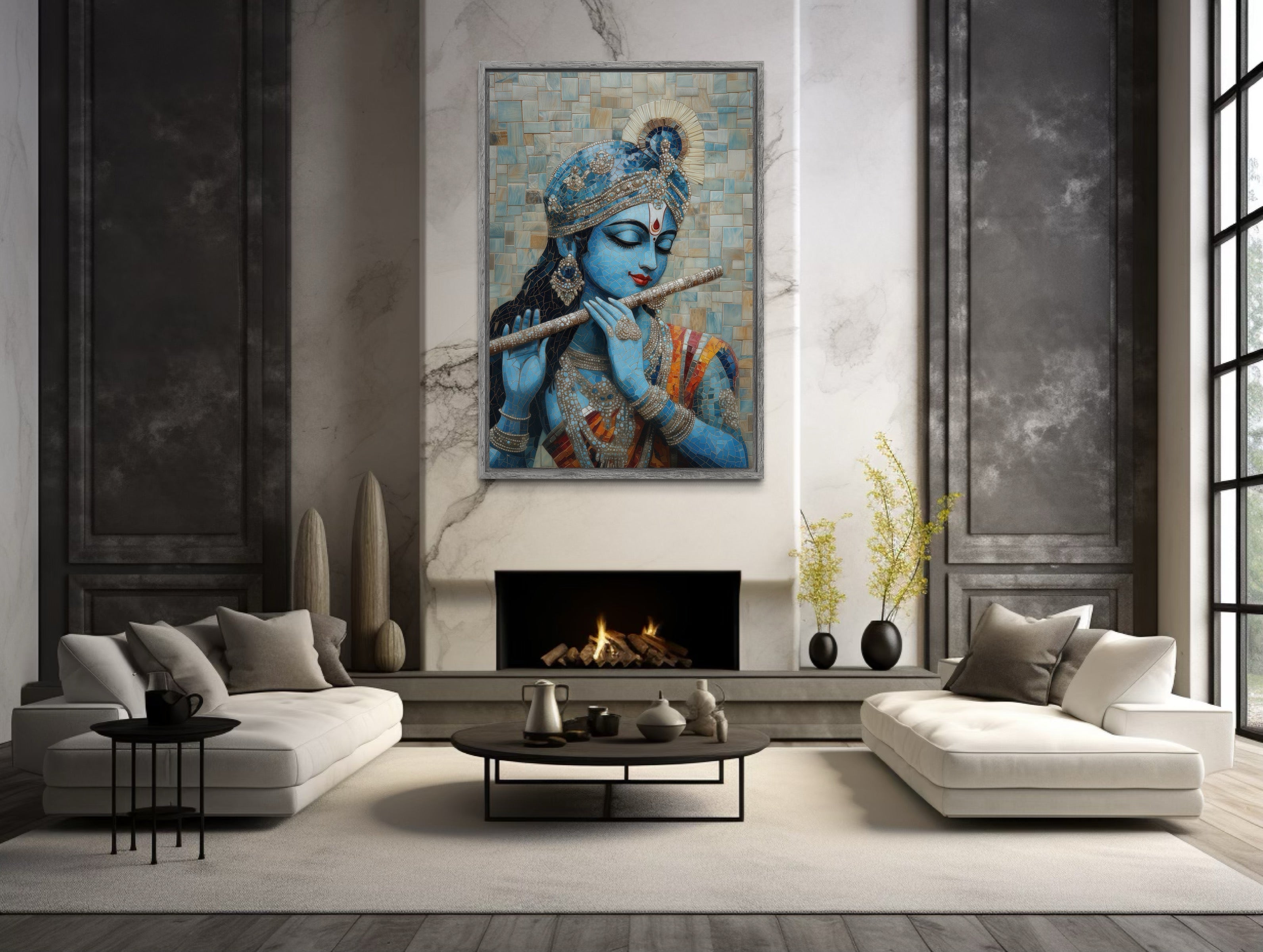 Lord Krishna Playing Flute Mosaic Painting Canvas Wall Art