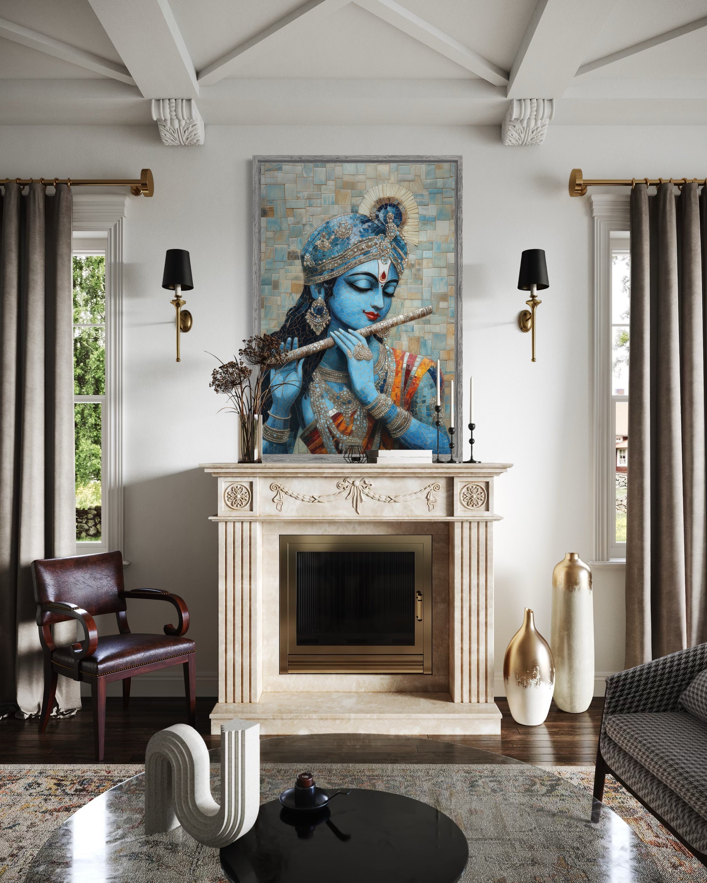 Lord Krishna Playing Flute Mosaic Painting Canvas Wall Art