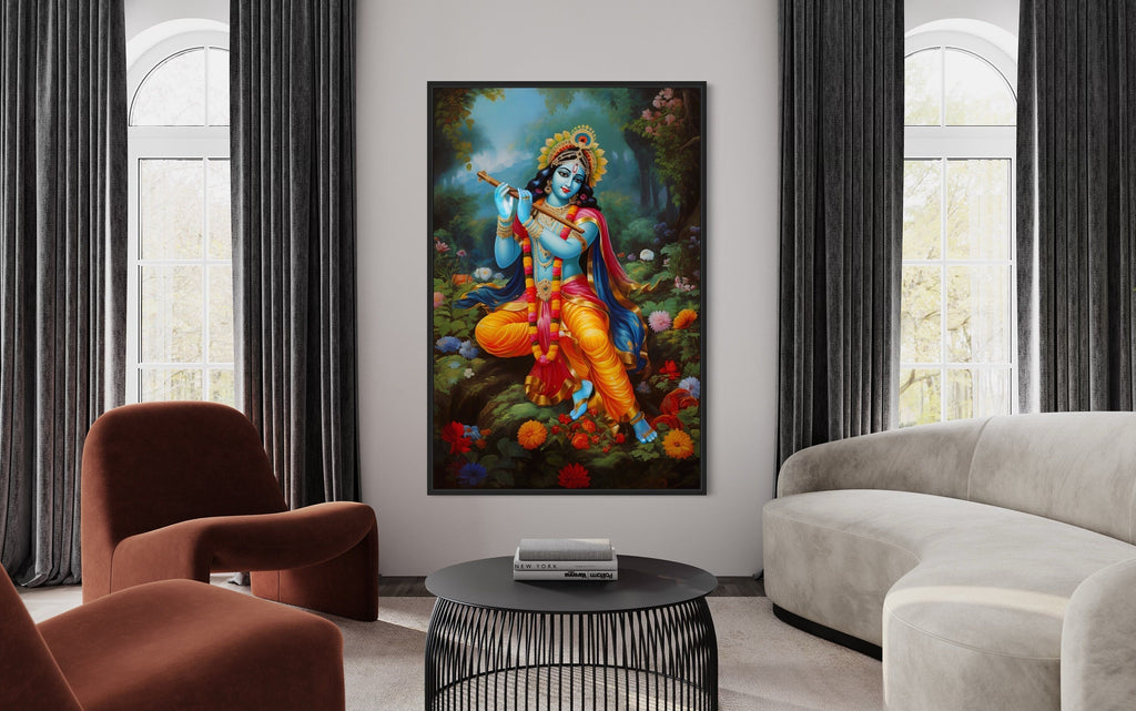 Lord Krishna Playing Flute in Vrindavan Forest Traditional Indian Framed Canvas Wall Art