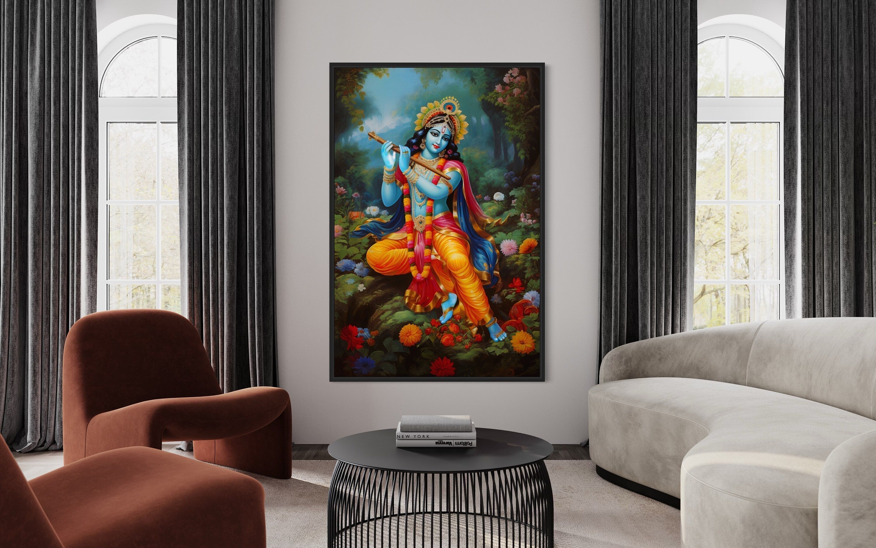 Lord Krishna Playing Flute in Vrindavan Forest Traditional Indian Framed Canvas Wall Art