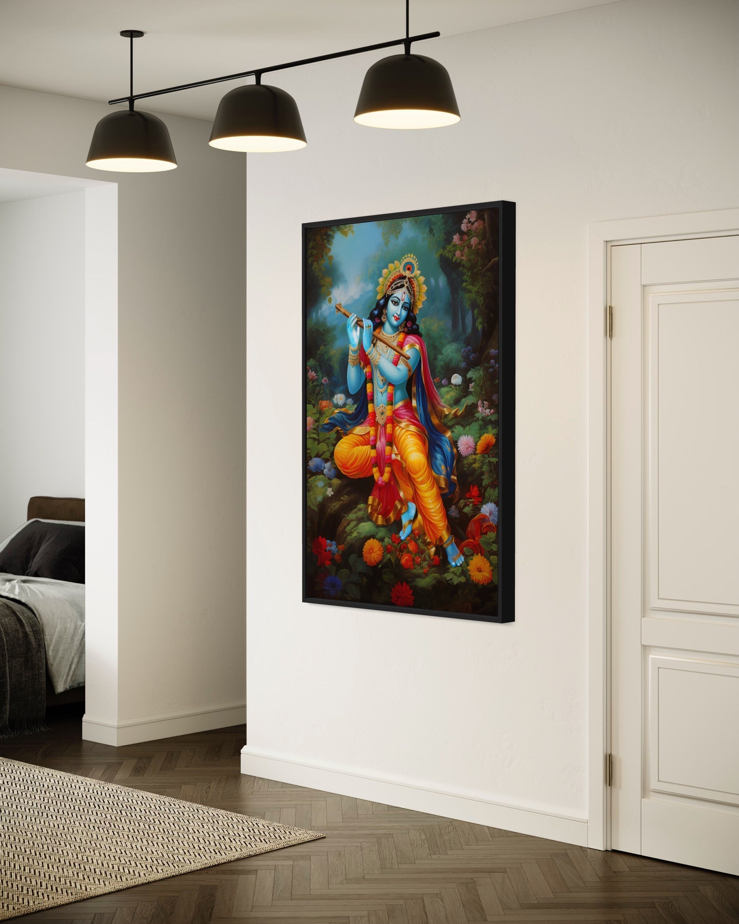Lord Krishna Playing Flute in Vrindavan Forest Traditional Indian Framed Canvas Wall Art