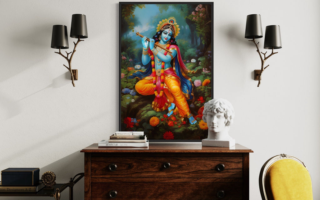Lord Krishna Playing Flute in Vrindavan Forest Traditional Indian Framed Canvas Wall Art