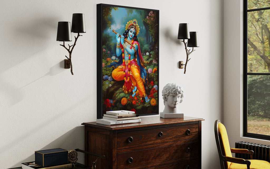 Lord Krishna Playing Flute in Vrindavan Forest Traditional Indian Framed Canvas Wall Art
