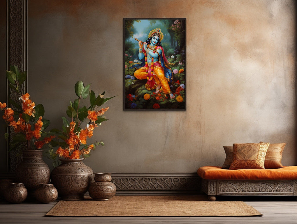 Lord Krishna Playing Flute in Vrindavan Forest Traditional Indian Framed Canvas Wall Art