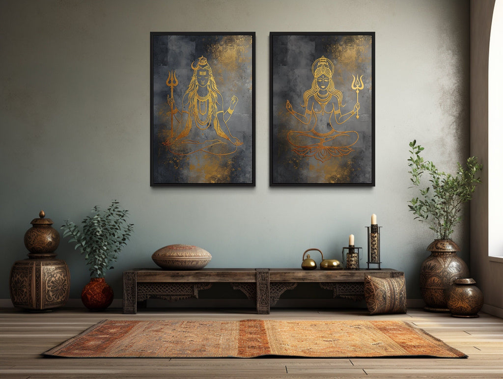 Lord Shiva And Parvati Minimalist Gold Silver Indian Framed Canvas Wall Art