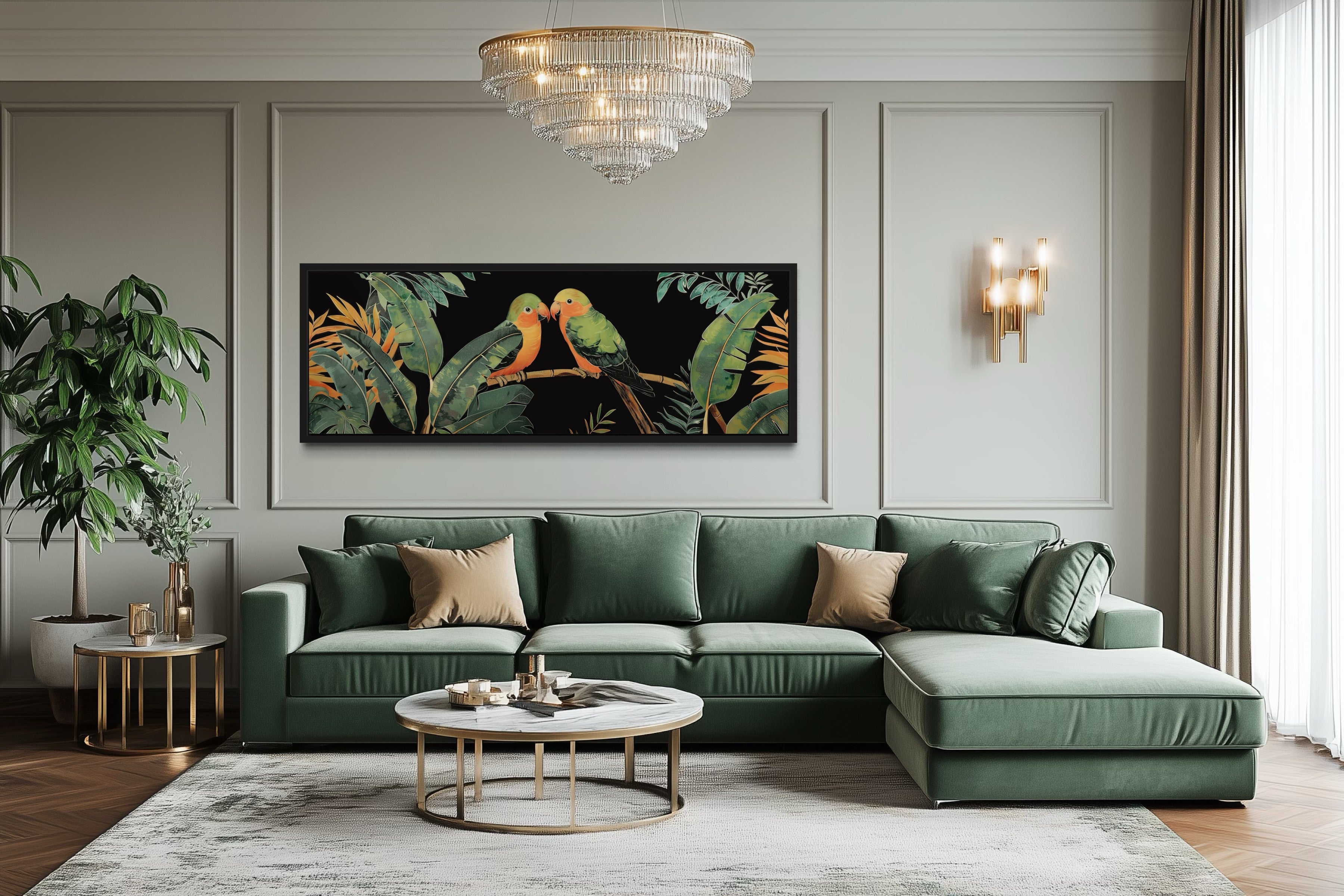 Lovebirds In Tropical Rainforest Long Horizontal Framed Canvas Wall Art