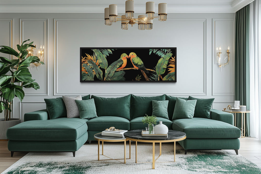 Lovebirds In Tropical Rainforest Long Horizontal Framed Canvas Wall Art