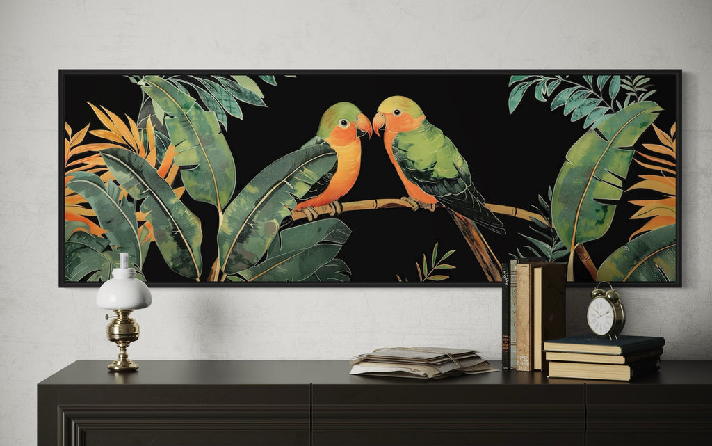Lovebirds In Tropical Rainforest Long Horizontal Framed Canvas Wall Art