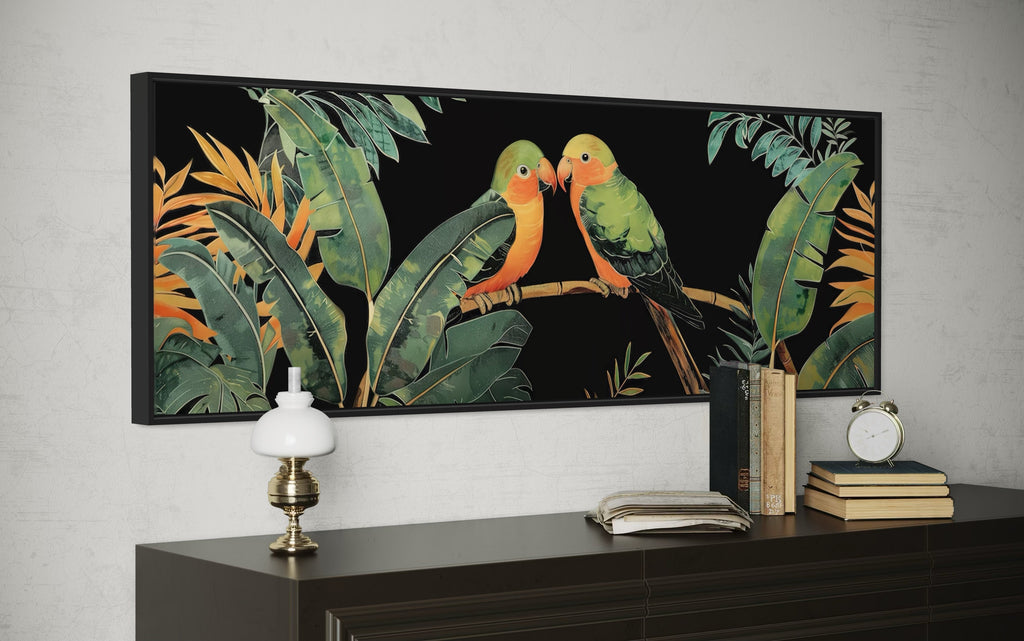 Lovebirds In Tropical Rainforest Long Horizontal Framed Canvas Wall Art