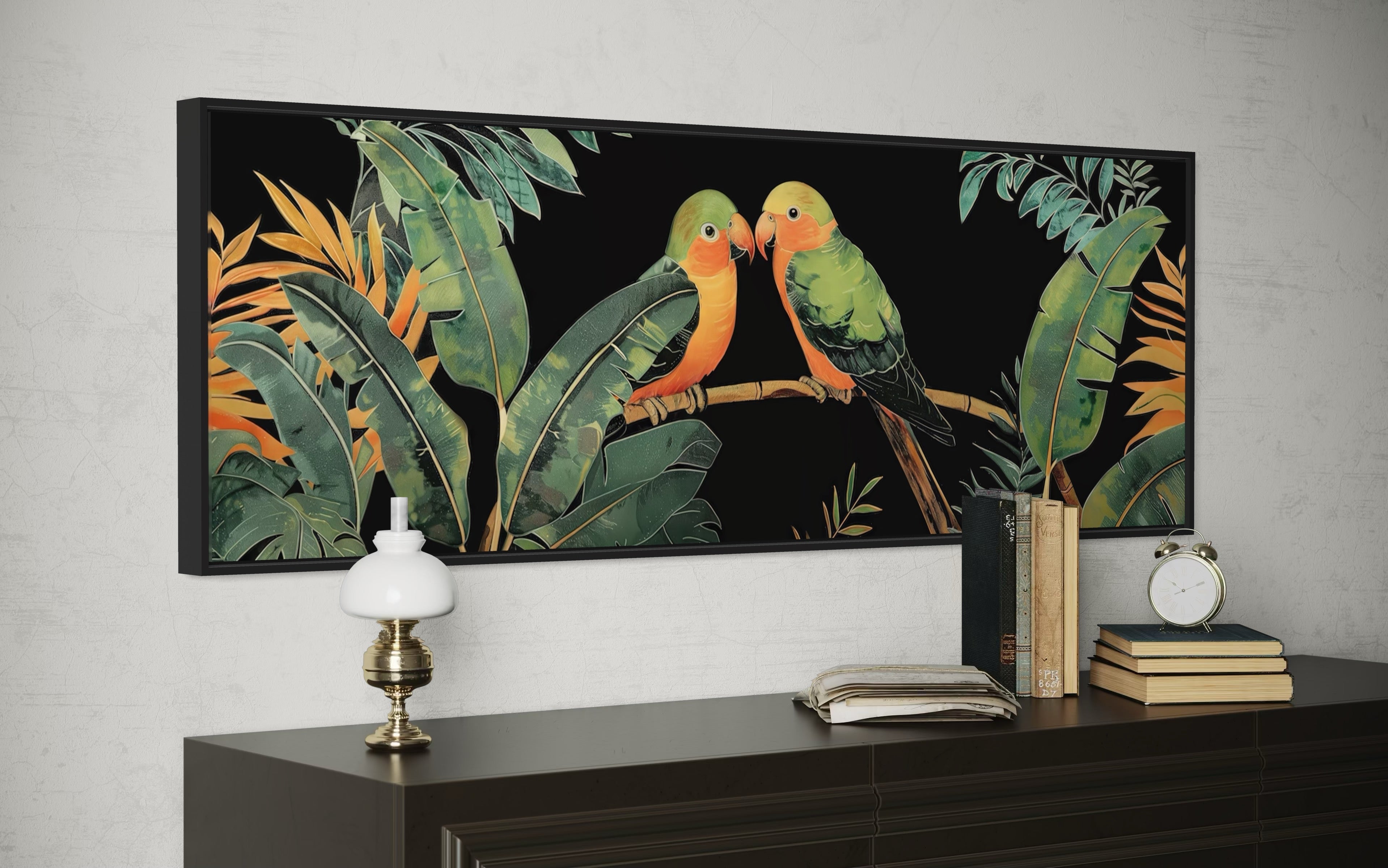 Lovebirds In Tropical Rainforest Long Horizontal Framed Canvas Wall Art