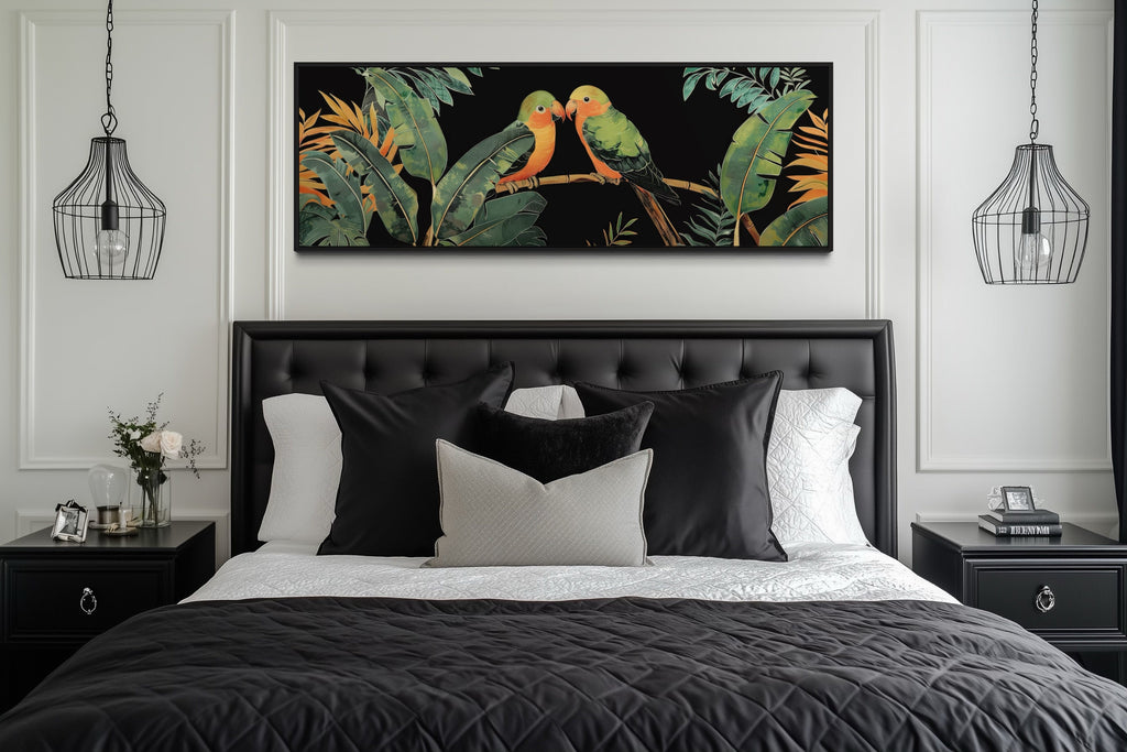 Lovebirds In Tropical Rainforest Long Horizontal Framed Canvas Wall Art