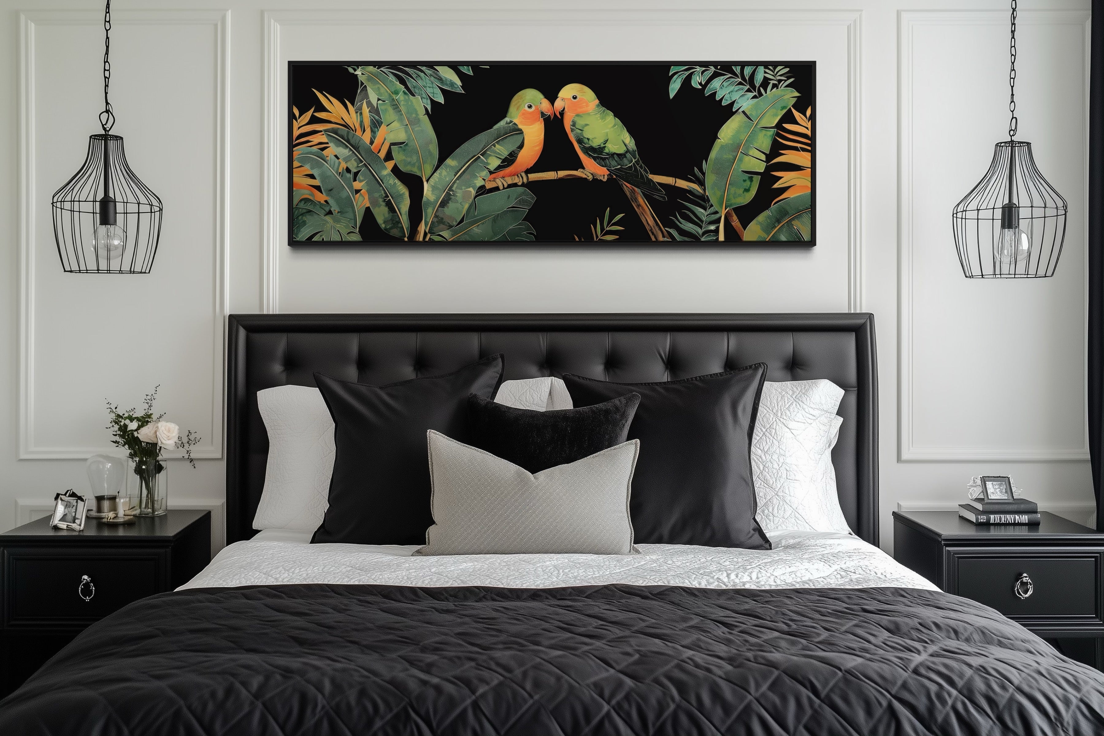 Lovebirds In Tropical Rainforest Long Horizontal Framed Canvas Wall Art
