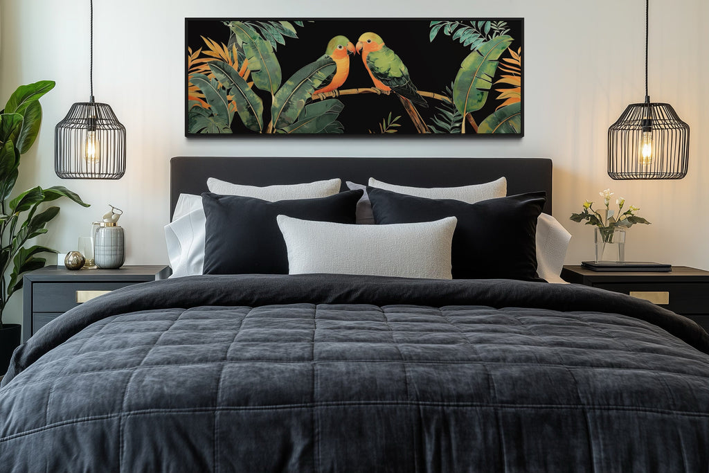 Lovebirds In Tropical Rainforest Long Horizontal Framed Canvas Wall Art