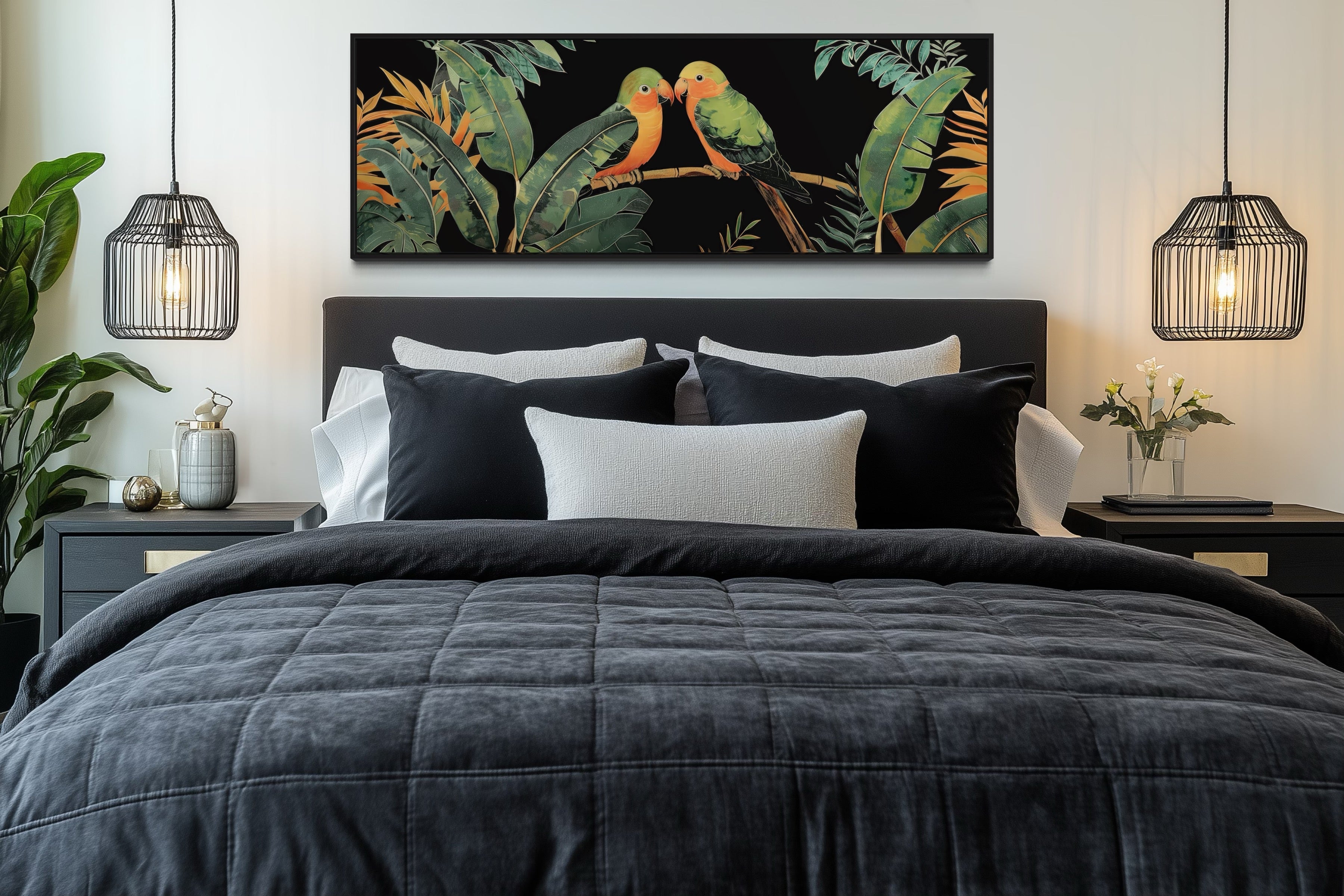 Lovebirds In Tropical Rainforest Long Horizontal Framed Canvas Wall Art