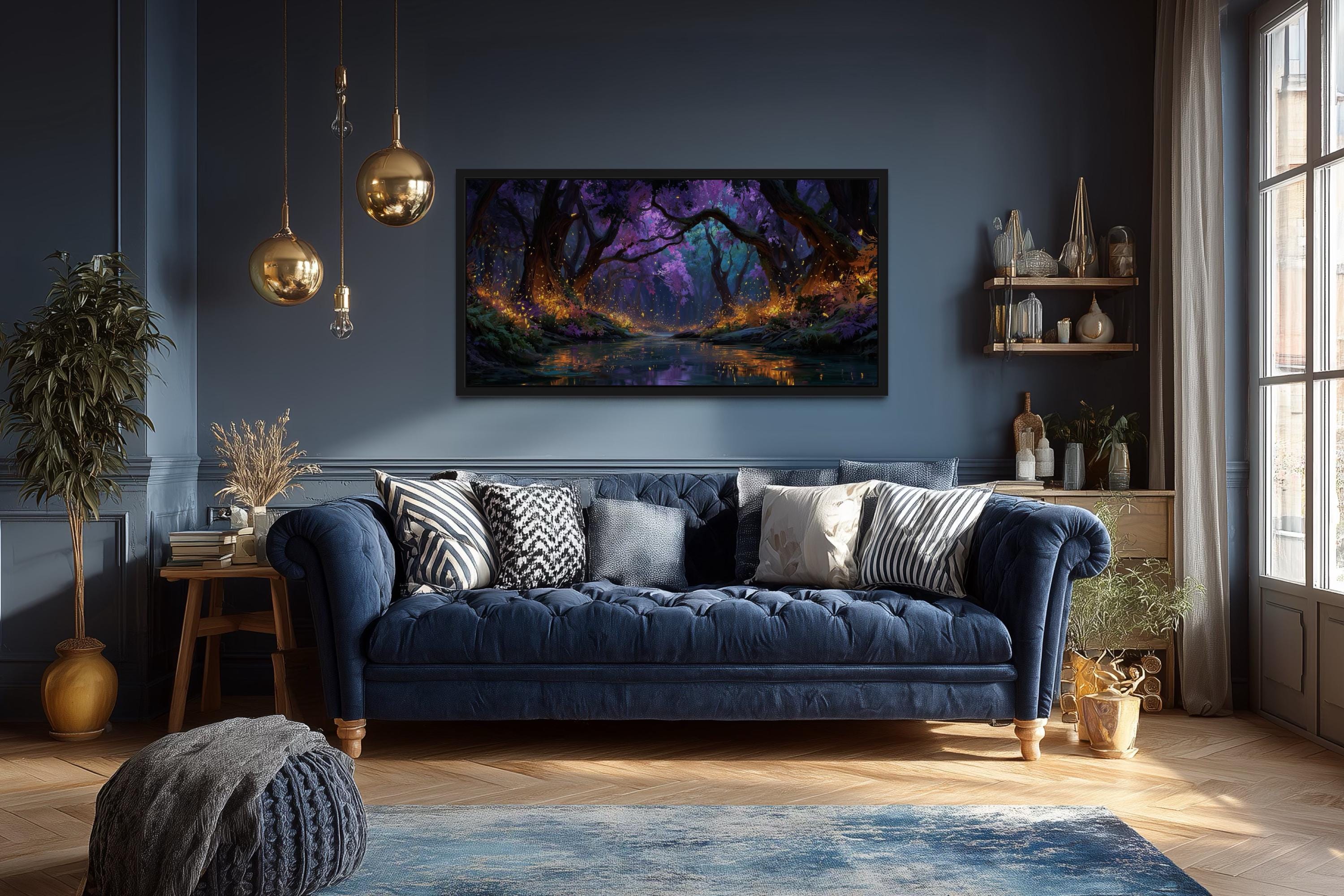Magical Firefly Forest At Night Framed Canvas Wall Art