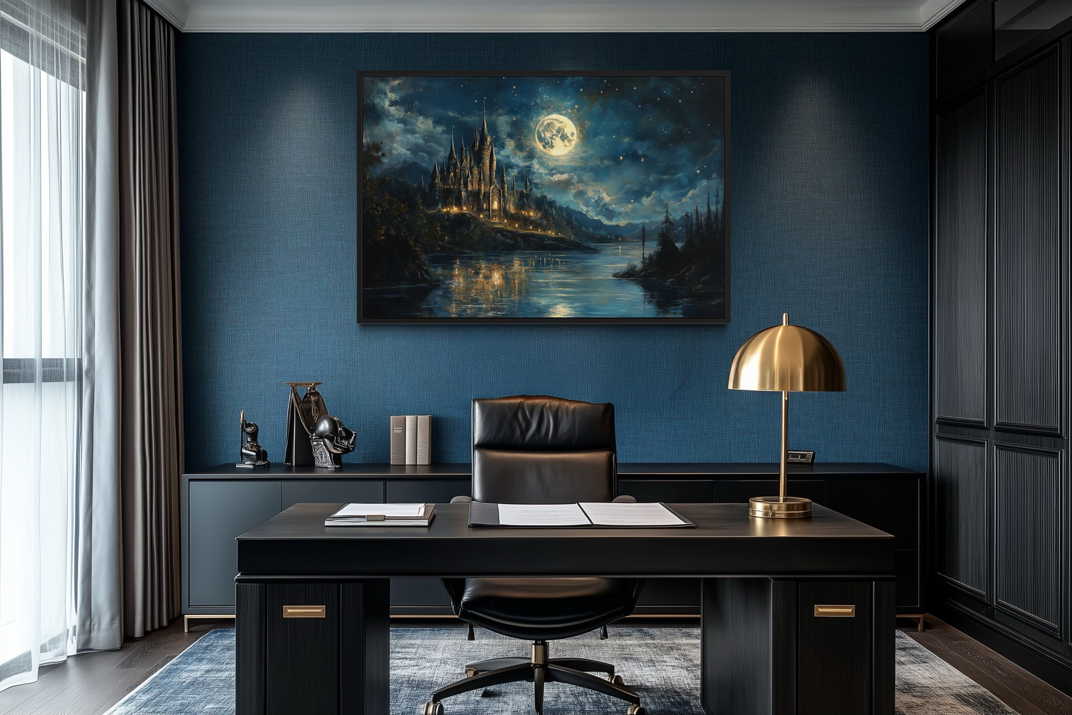 Magical Wizard Castle At Night Framed Canvas Wall Art