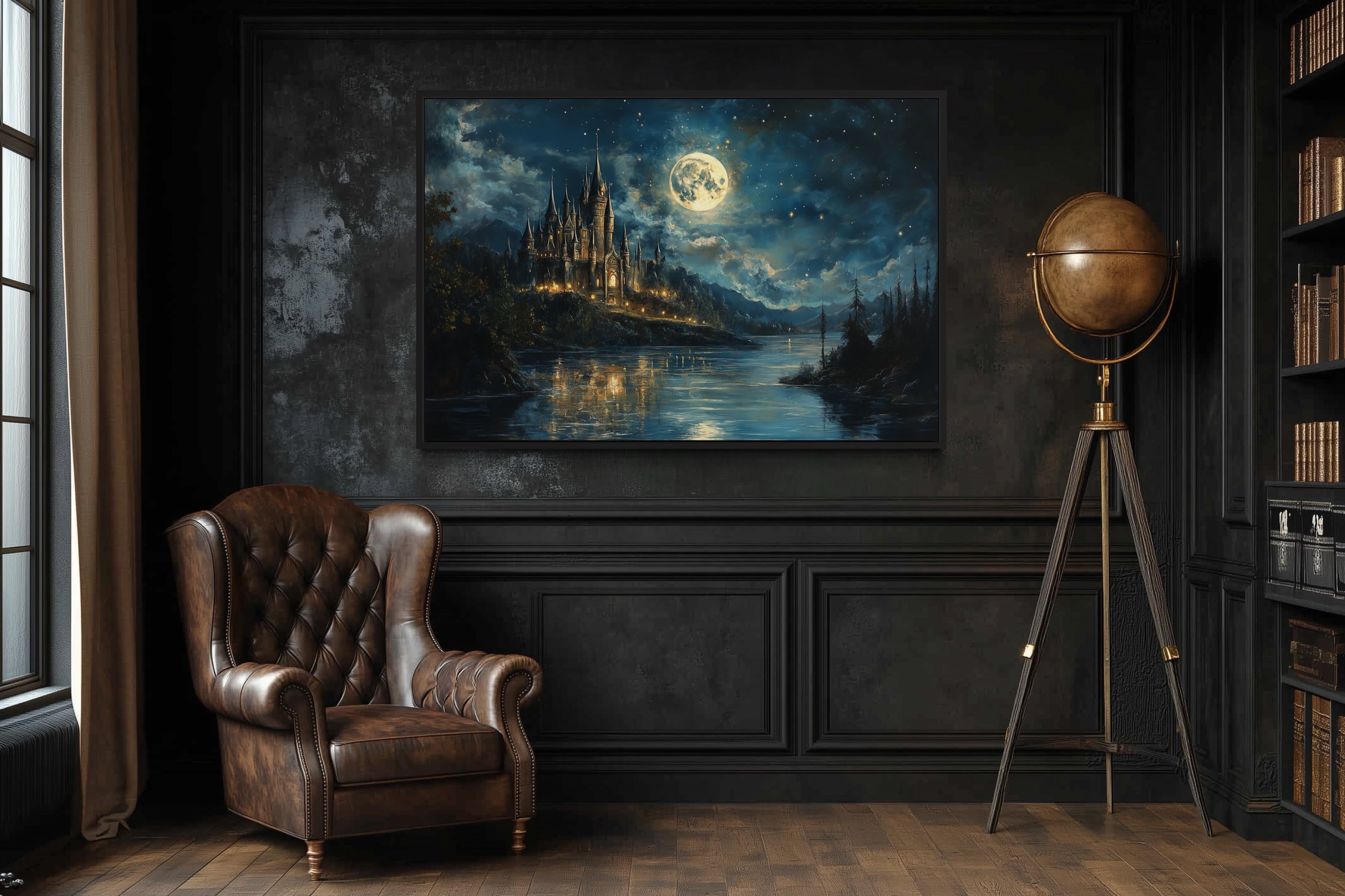 Magical Wizard Castle At Night Framed Canvas Wall Art