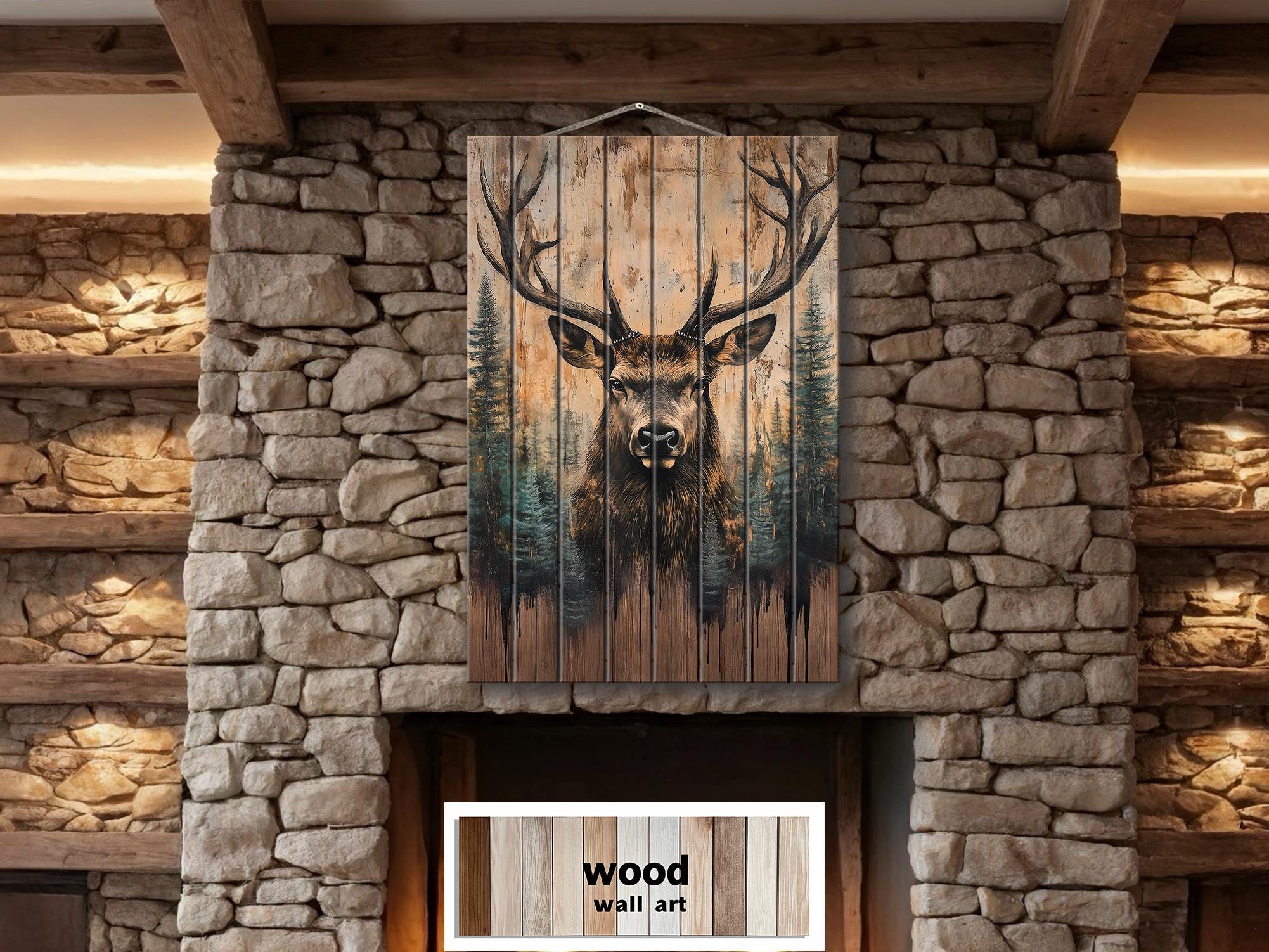 Majestic Deer With Antlers Forest Scene Rustic Vertical Distressed Wood Wall Art
