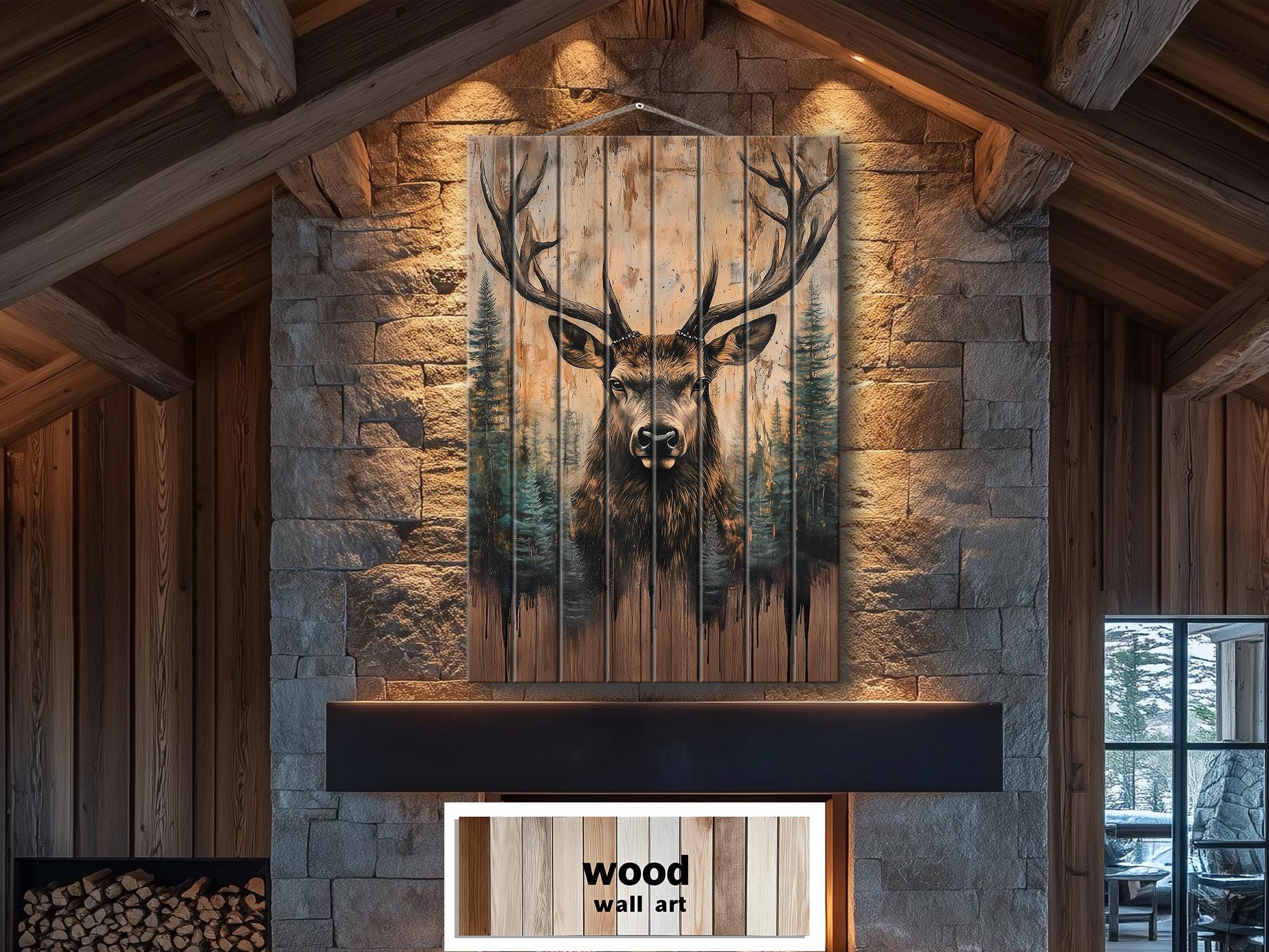 Majestic Deer With Antlers Forest Scene Rustic Vertical Distressed Wood Wall Art