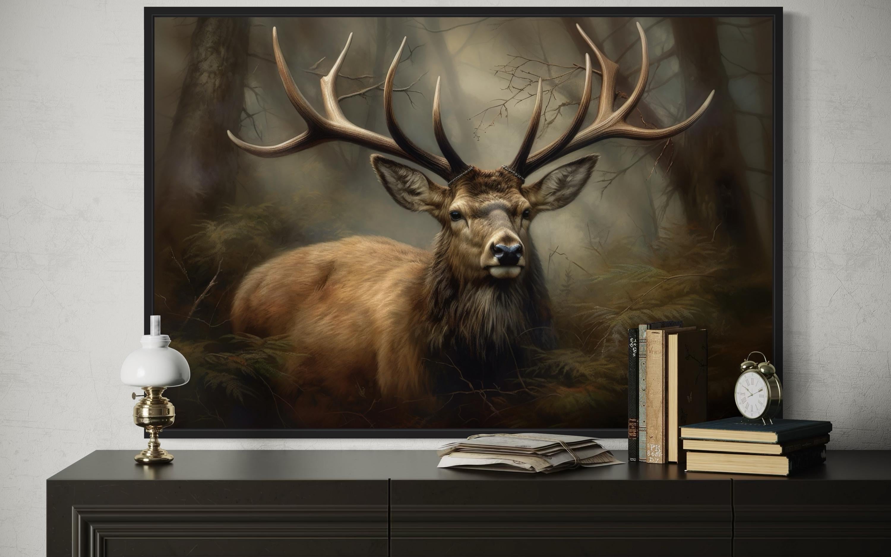 Majestic Deer in Foggy Forest Framed Canvas Wall Art For Cabin Decor
