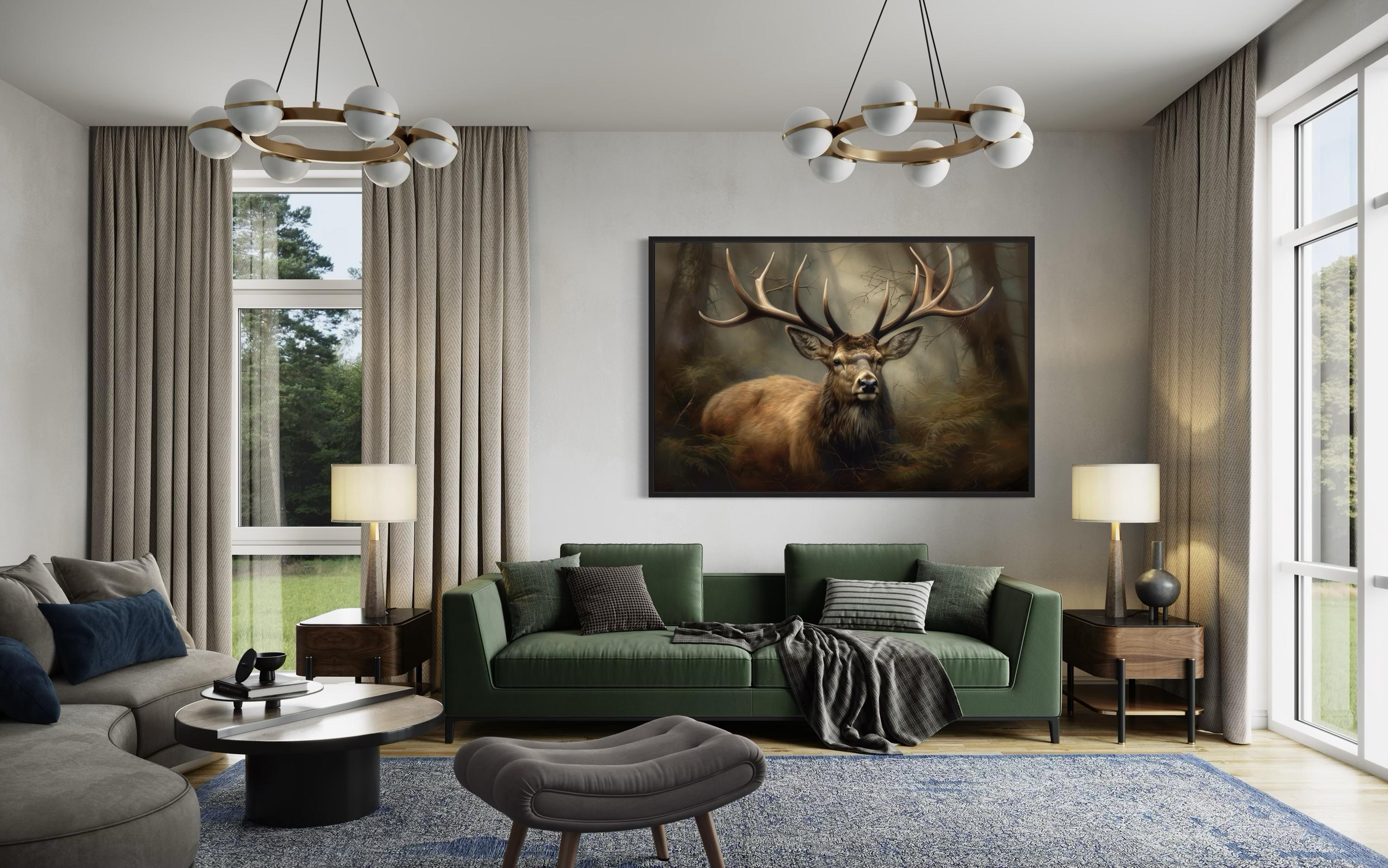 Majestic Deer in Foggy Forest Framed Canvas Wall Art For Cabin Decor