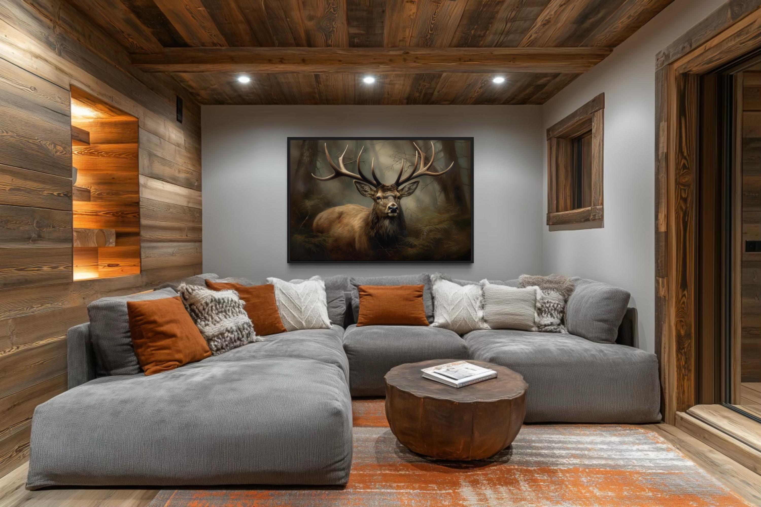 Majestic Deer in Foggy Forest Framed Canvas Wall Art For Cabin Decor