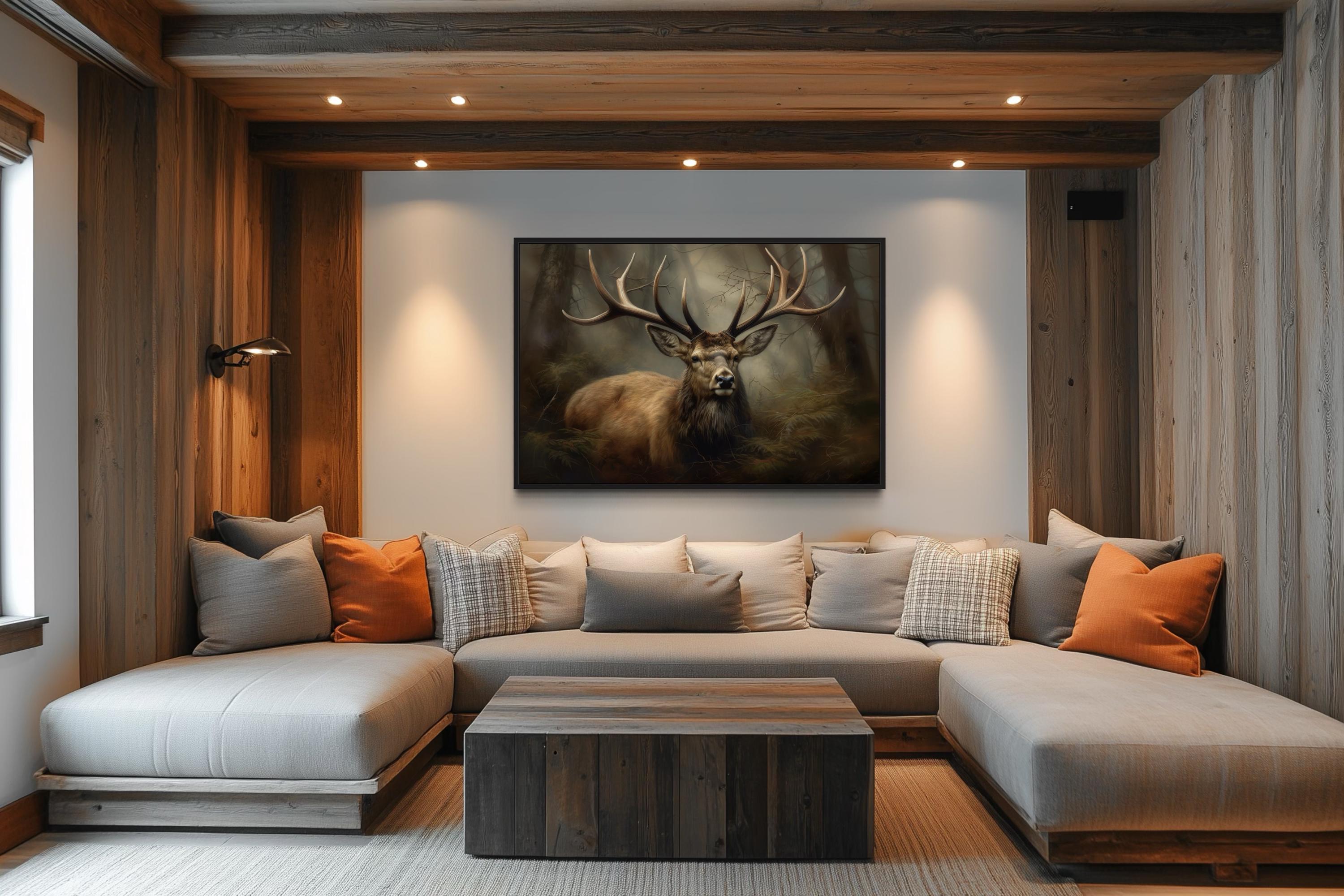 Majestic Deer in Foggy Forest Framed Canvas Wall Art For Cabin Decor