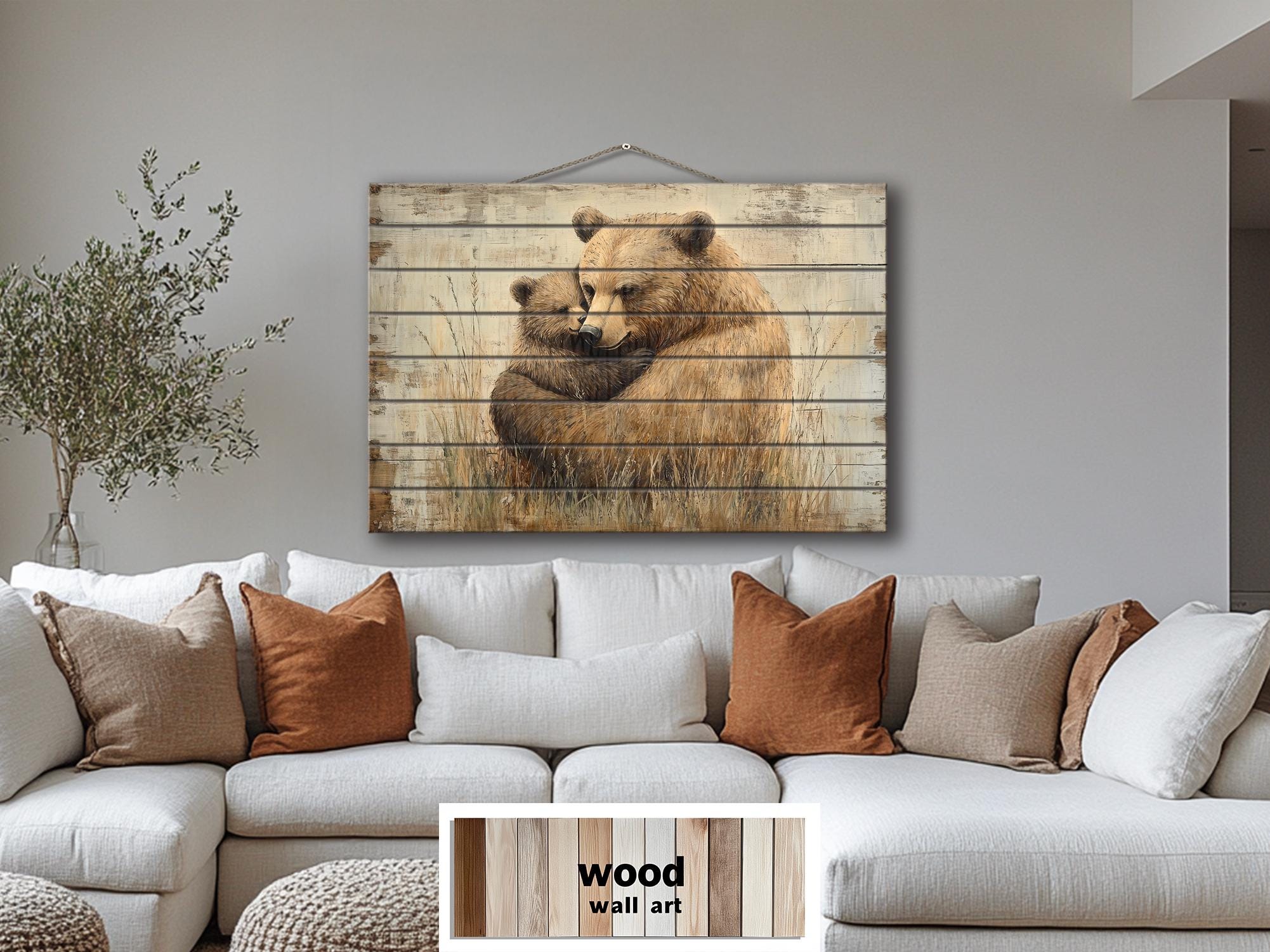 Mama Bear And Baby Bear Cub Hug In The Meadow Rustic Wood Wall Art For Cabin Decor