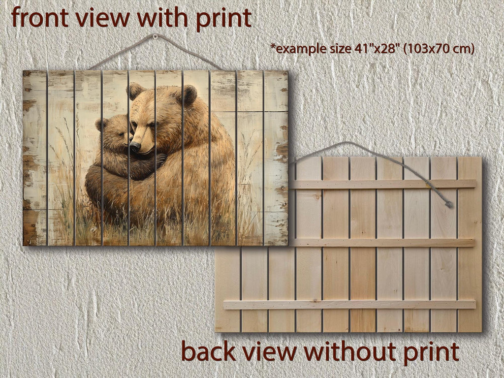 Mama Bear And Baby Bear Cub Hug In The Meadow Rustic Wood Wall Art For Cabin Decor