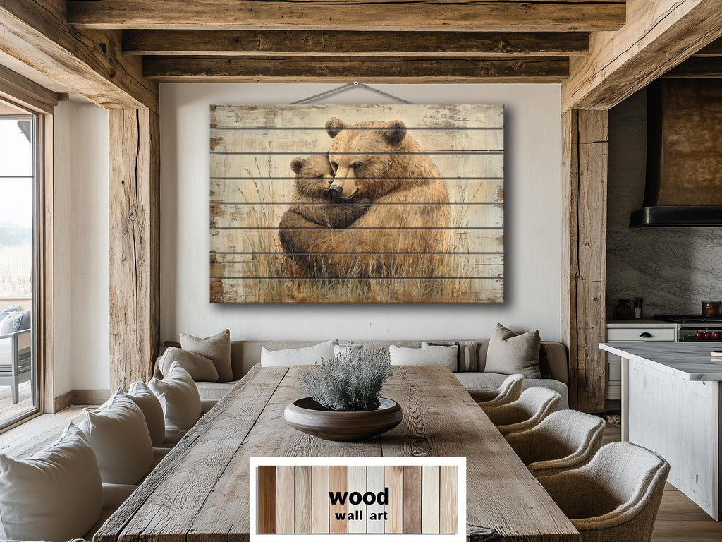 Mama Bear And Baby Bear Cub Hug In The Meadow Rustic Wood Wall Art For Cabin Decor