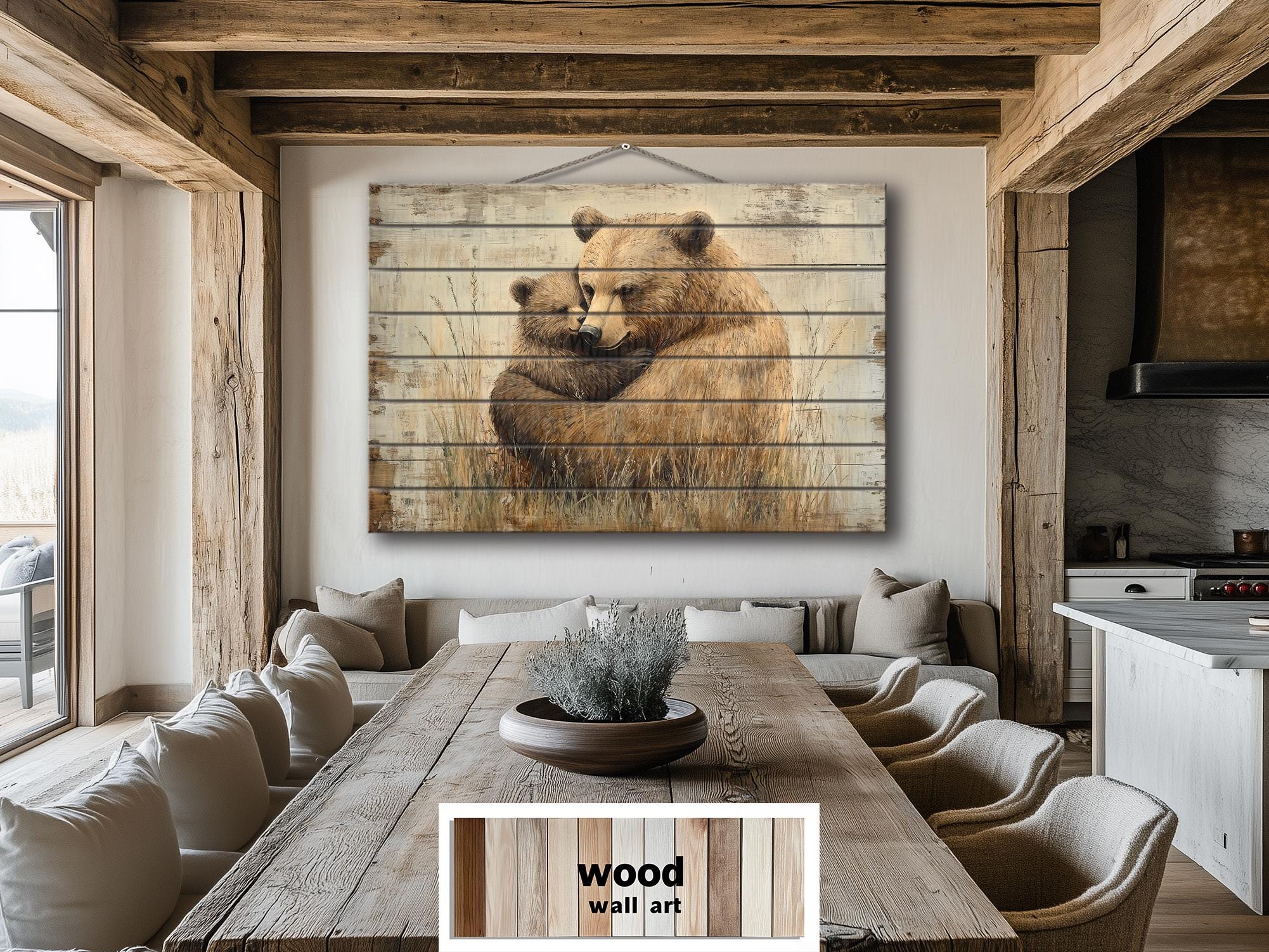 Mama Bear And Baby Bear Cub Hug In The Meadow Rustic Wood Wall Art For Cabin Decor