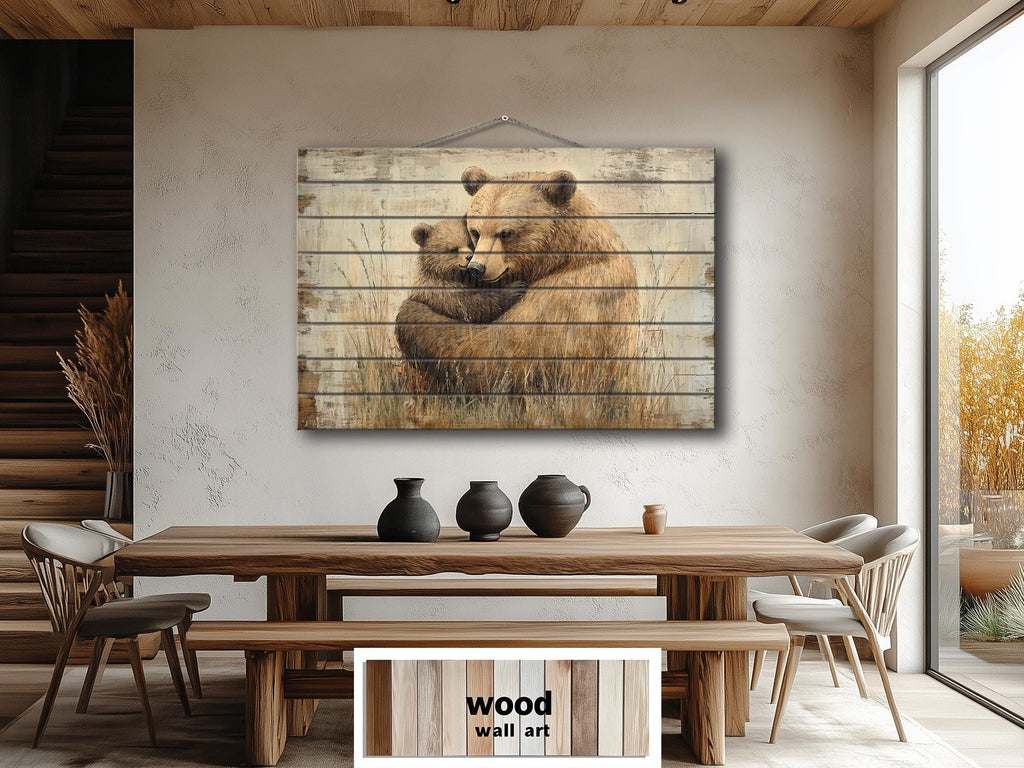 Mama Bear And Baby Bear Cub Hug In The Meadow Rustic Wood Wall Art For Cabin Decor
