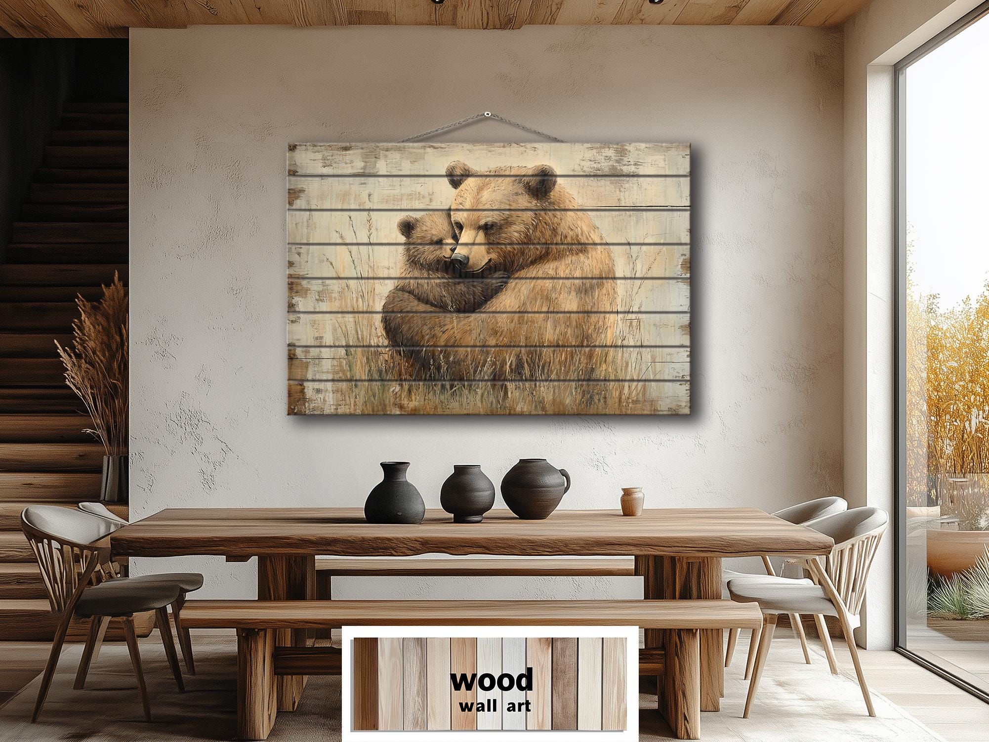 Mama Bear And Baby Bear Cub Hug In The Meadow Rustic Wood Wall Art For Cabin Decor