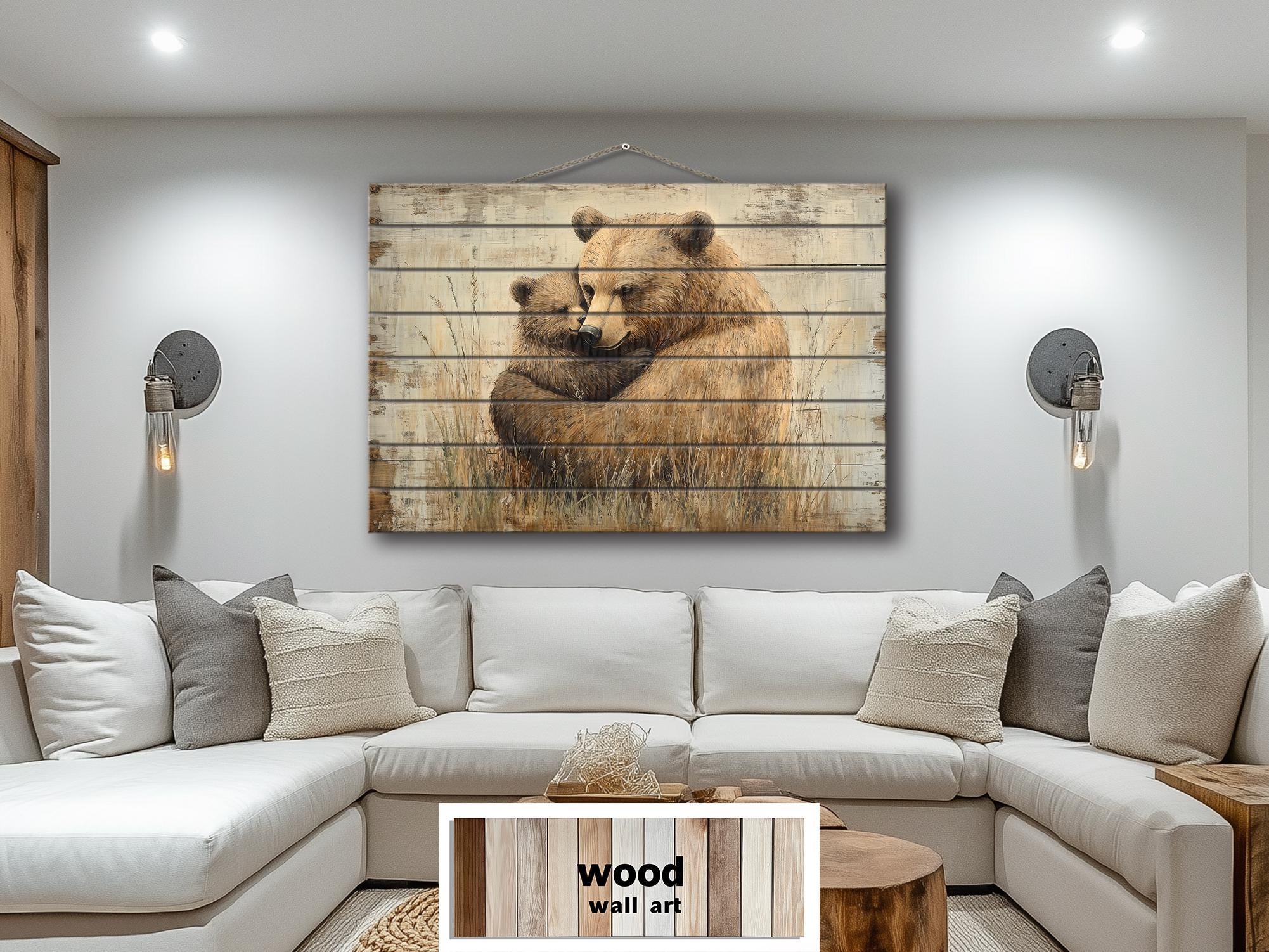Mama Bear And Baby Bear Cub Hug In The Meadow Rustic Wood Wall Art For Cabin Decor
