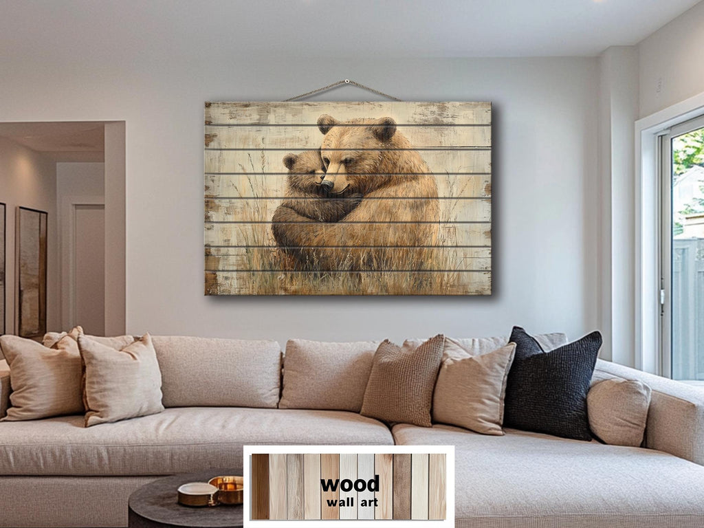Mama Bear And Baby Bear Cub Hug In The Meadow Rustic Wood Wall Art For Cabin Decor