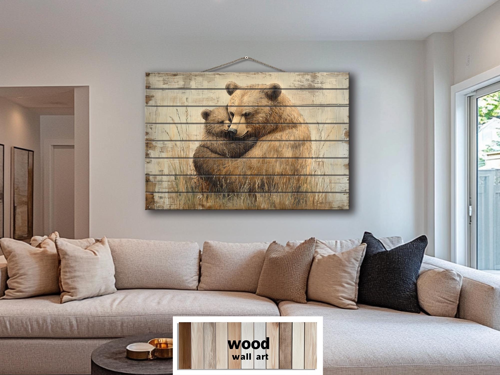 Mama Bear And Baby Bear Cub Hug In The Meadow Rustic Wood Wall Art For Cabin Decor