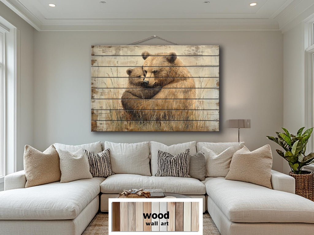 Mama Bear And Baby Bear Cub Hug In The Meadow Rustic Wood Wall Art For Cabin Decor