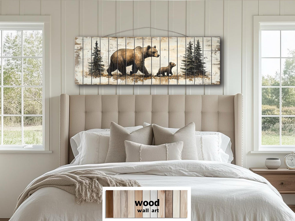 Mama Bear and Baby Cub Long Horizontal Real Wood Wall Art