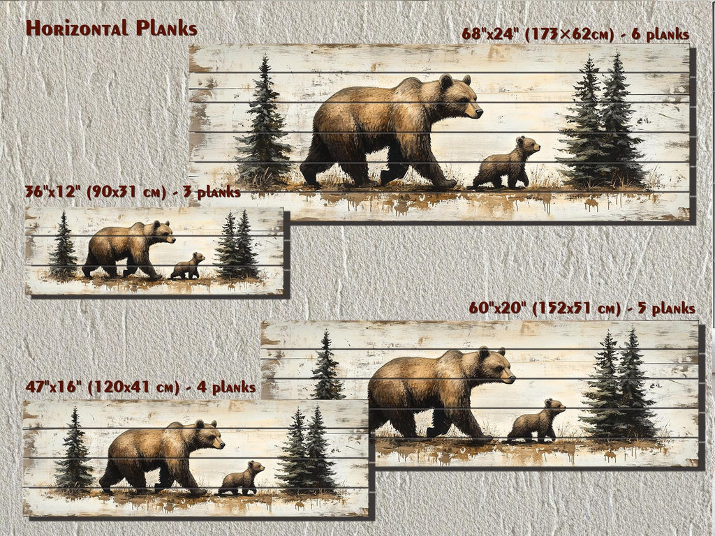 Mama Bear and Baby Cub Long Horizontal Real Wood Wall Art