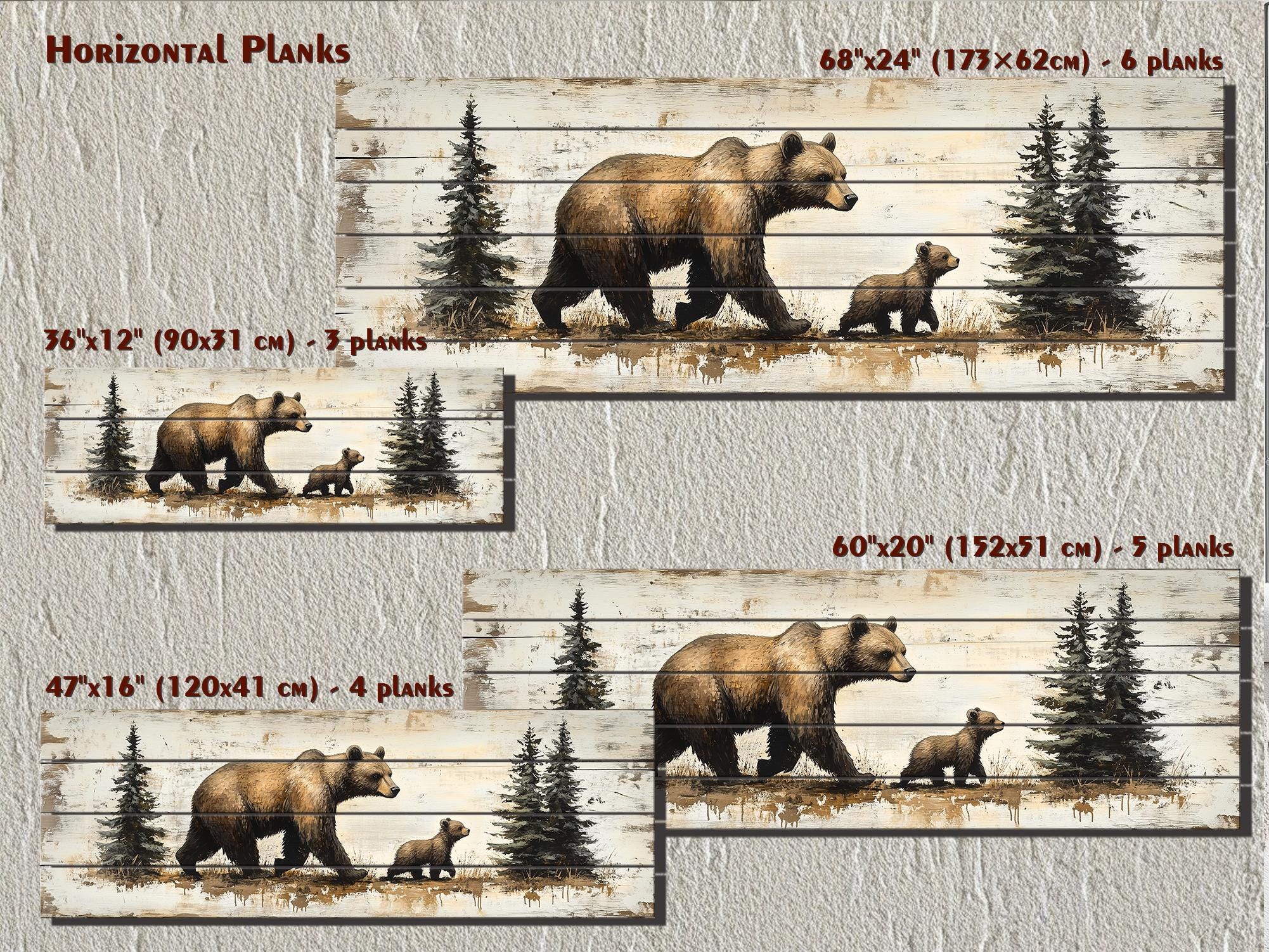 Mama Bear and Baby Cub Long Horizontal Real Wood Wall Art