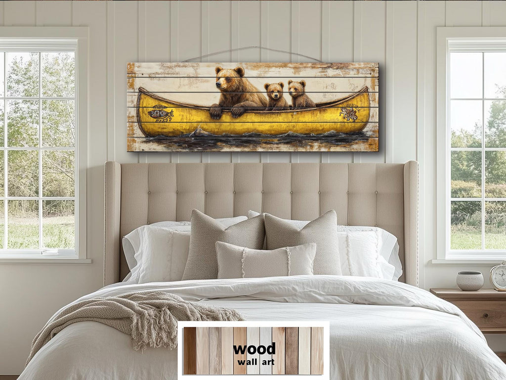 Mama Bear and Cubs in a Yellow Canoe Large Horizontal Wood Wall Art