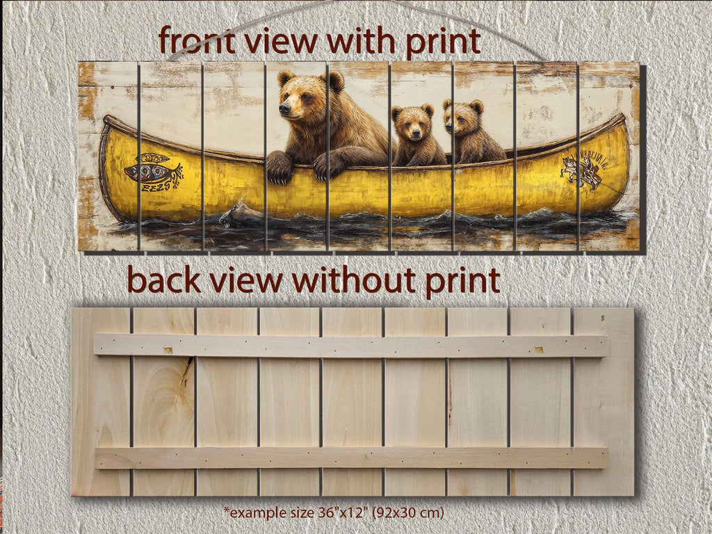 Mama Bear and Cubs in a Yellow Canoe Large Horizontal Wood Wall Art