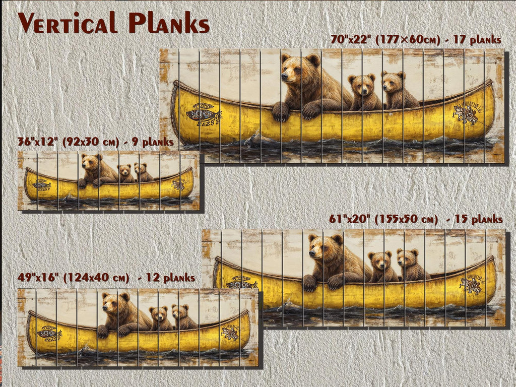 Mama Bear and Cubs in a Yellow Canoe Large Horizontal Wood Wall Art