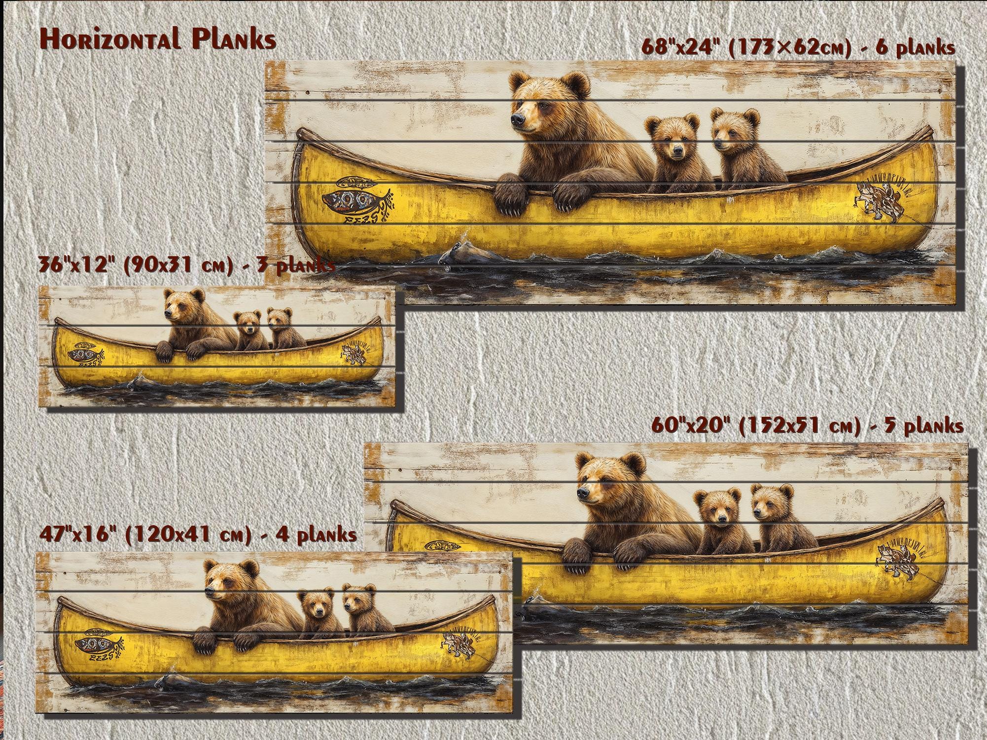 Mama Bear and Cubs in a Yellow Canoe Large Horizontal Wood Wall Art